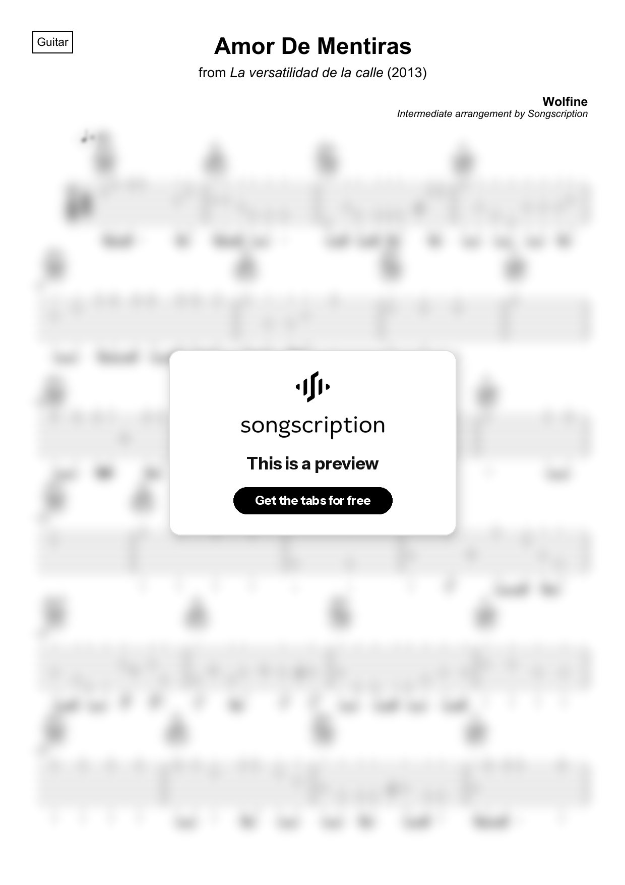 Intermediate Acoustic Guitar Tabs for "Amor De Mentiras" by Wolfine