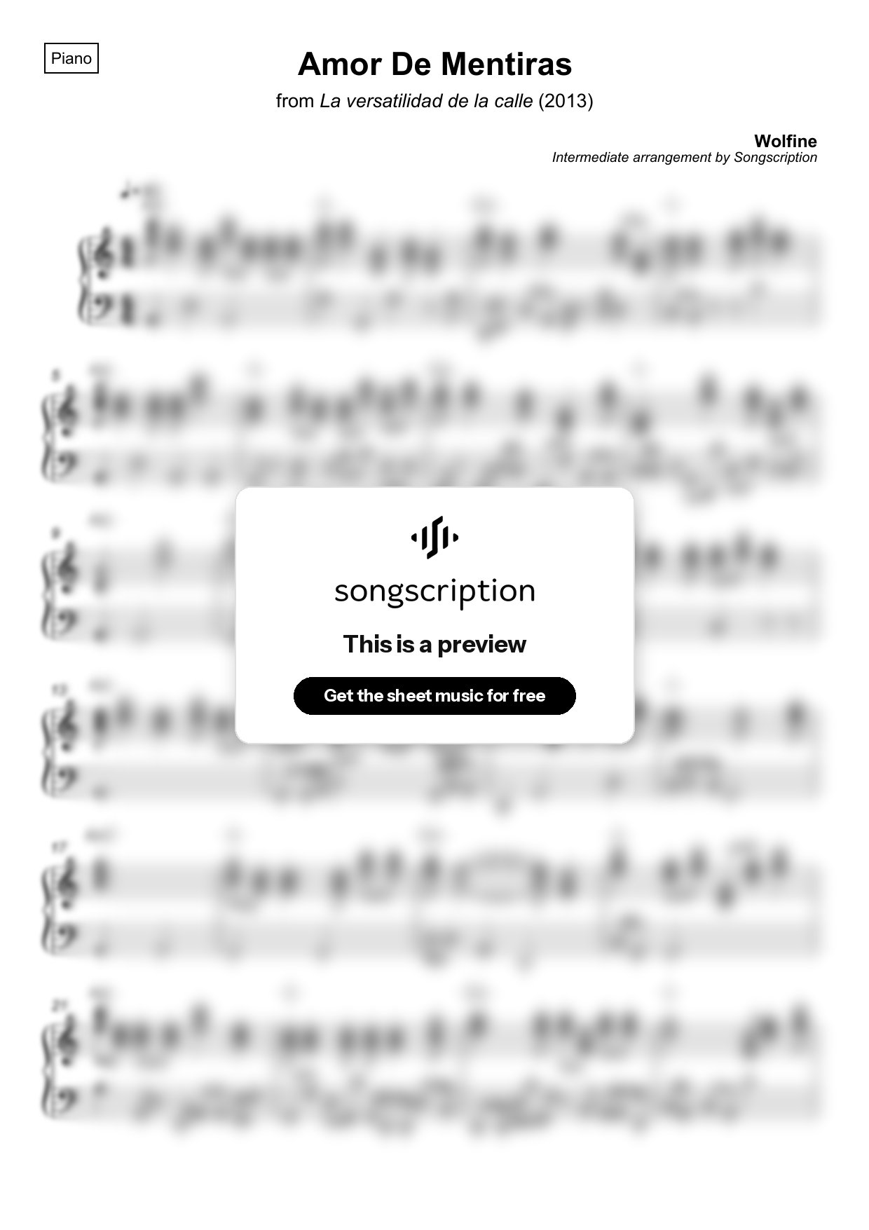 Intermediate Piano Sheet Music for "Amor De Mentiras" by Wolfine