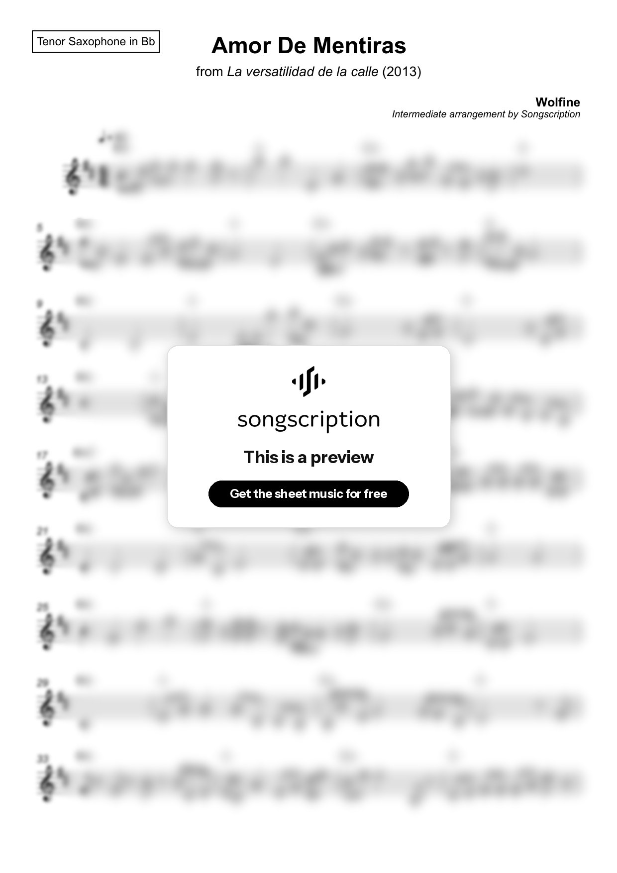 Intermediate Tenor Sax Sheet Music for "Amor De Mentiras" by Wolfine