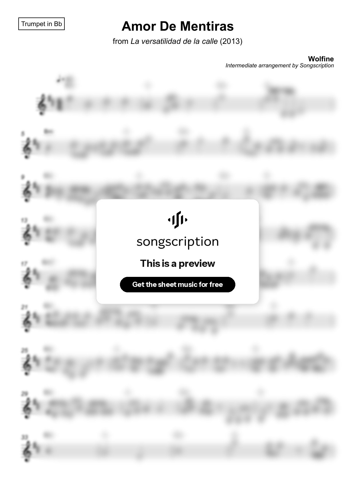 Intermediate Trumpet Sheet Music for "Amor De Mentiras" by Wolfine