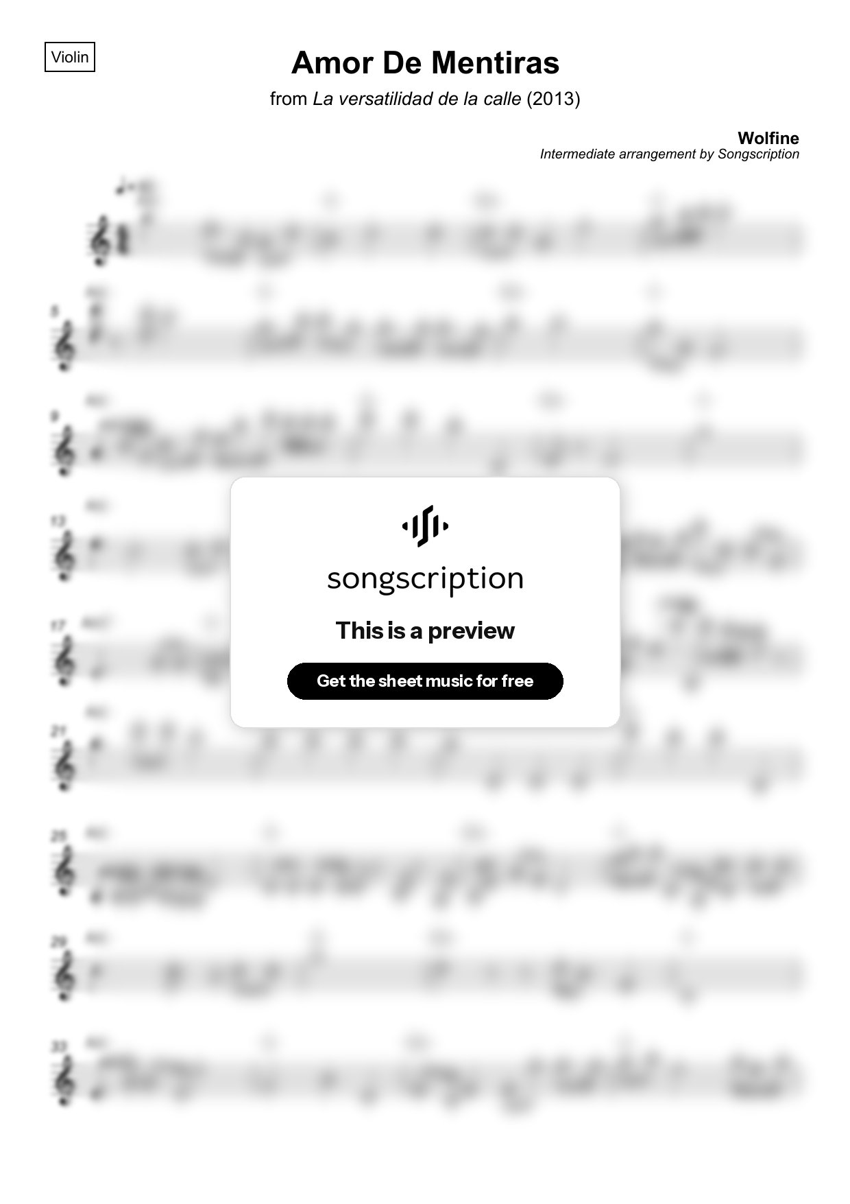 Intermediate Violin Sheet Music for "Amor De Mentiras" by Wolfine