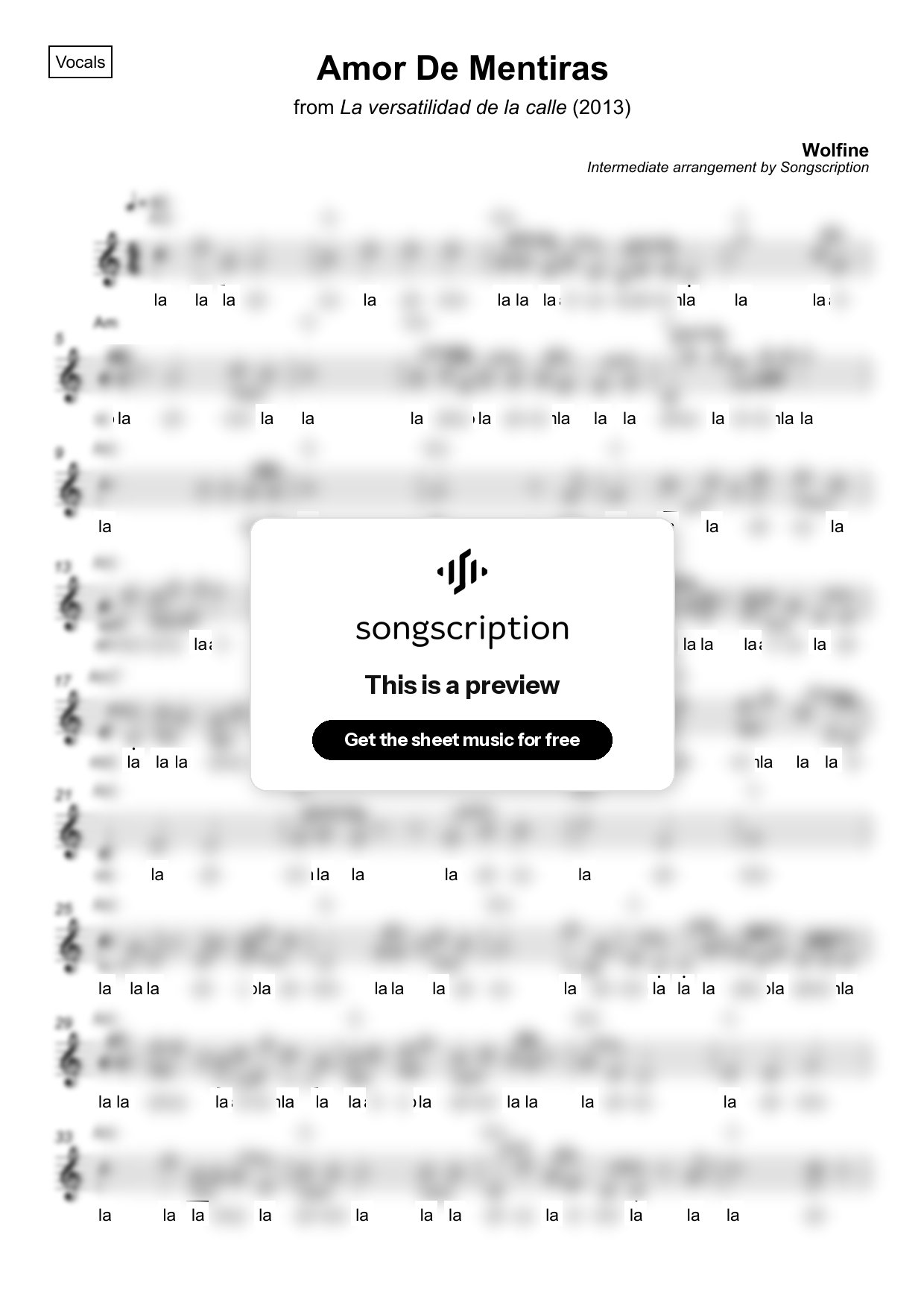 Intermediate Vocals Sheet Music for "Amor De Mentiras" by Wolfine
