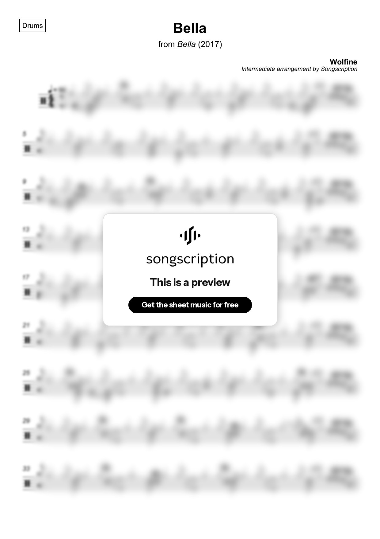 Intermediate Drums Sheet Music for "Bella" by Wolfine