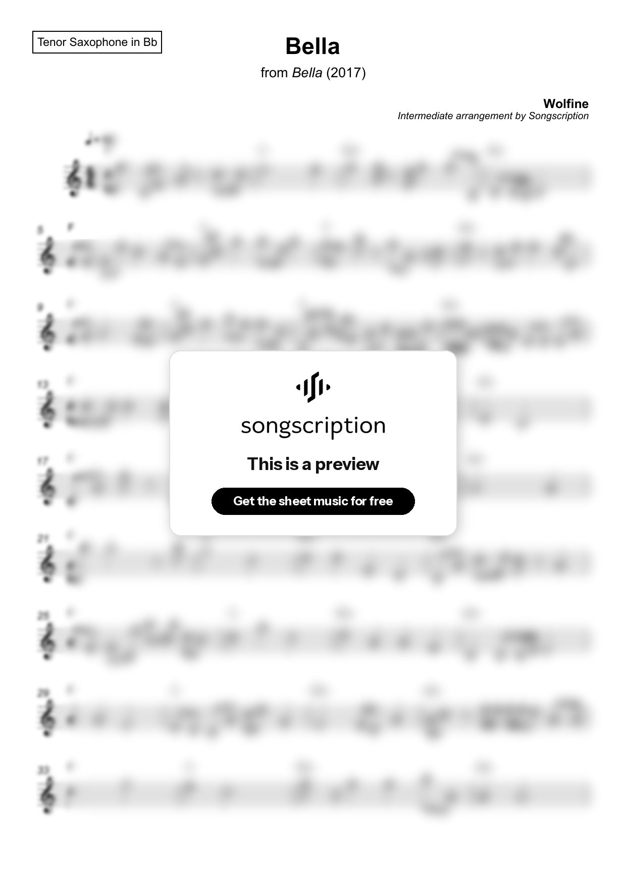Intermediate Tenor Sax Sheet Music for "Bella" by Wolfine