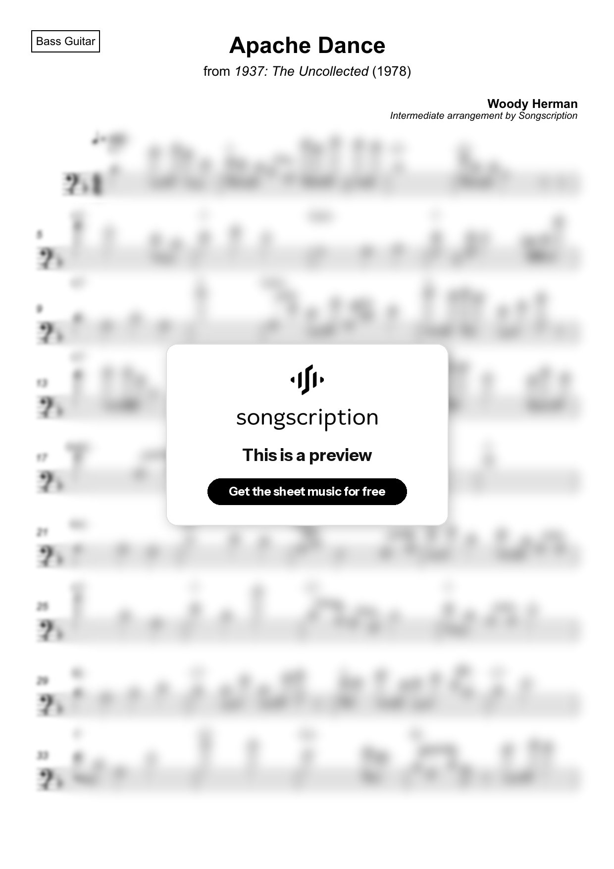Intermediate Bass Guitar Sheet Music for "Apache Dance" by Woody Herman