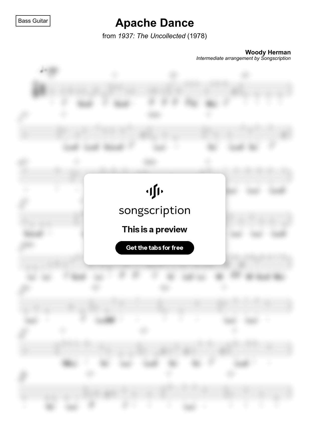 Intermediate Bass Guitar Tabs for "Apache Dance" by Woody Herman