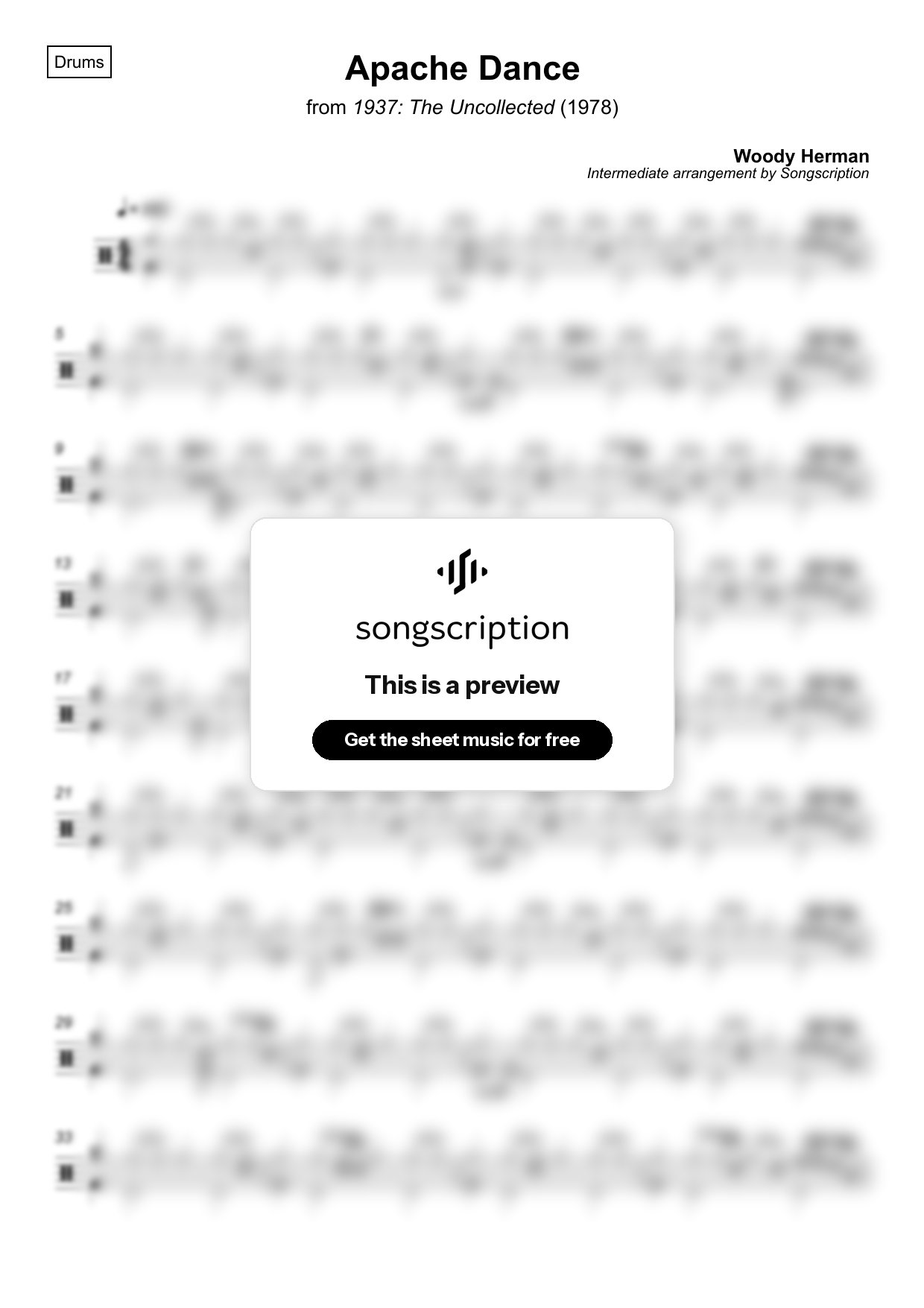 Intermediate Drums Sheet Music for "Apache Dance" by Woody Herman
