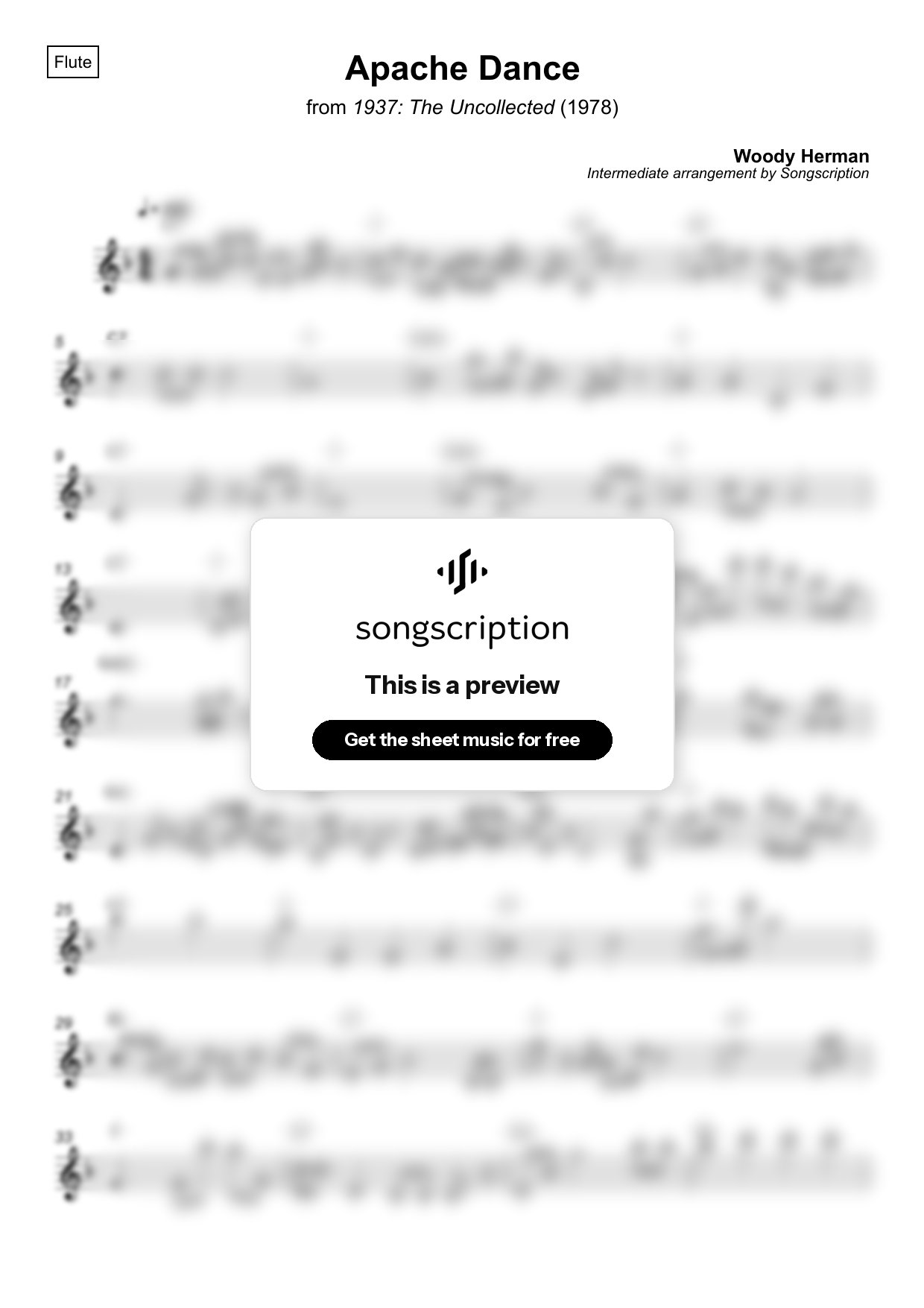 Intermediate Flute Sheet Music for "Apache Dance" by Woody Herman