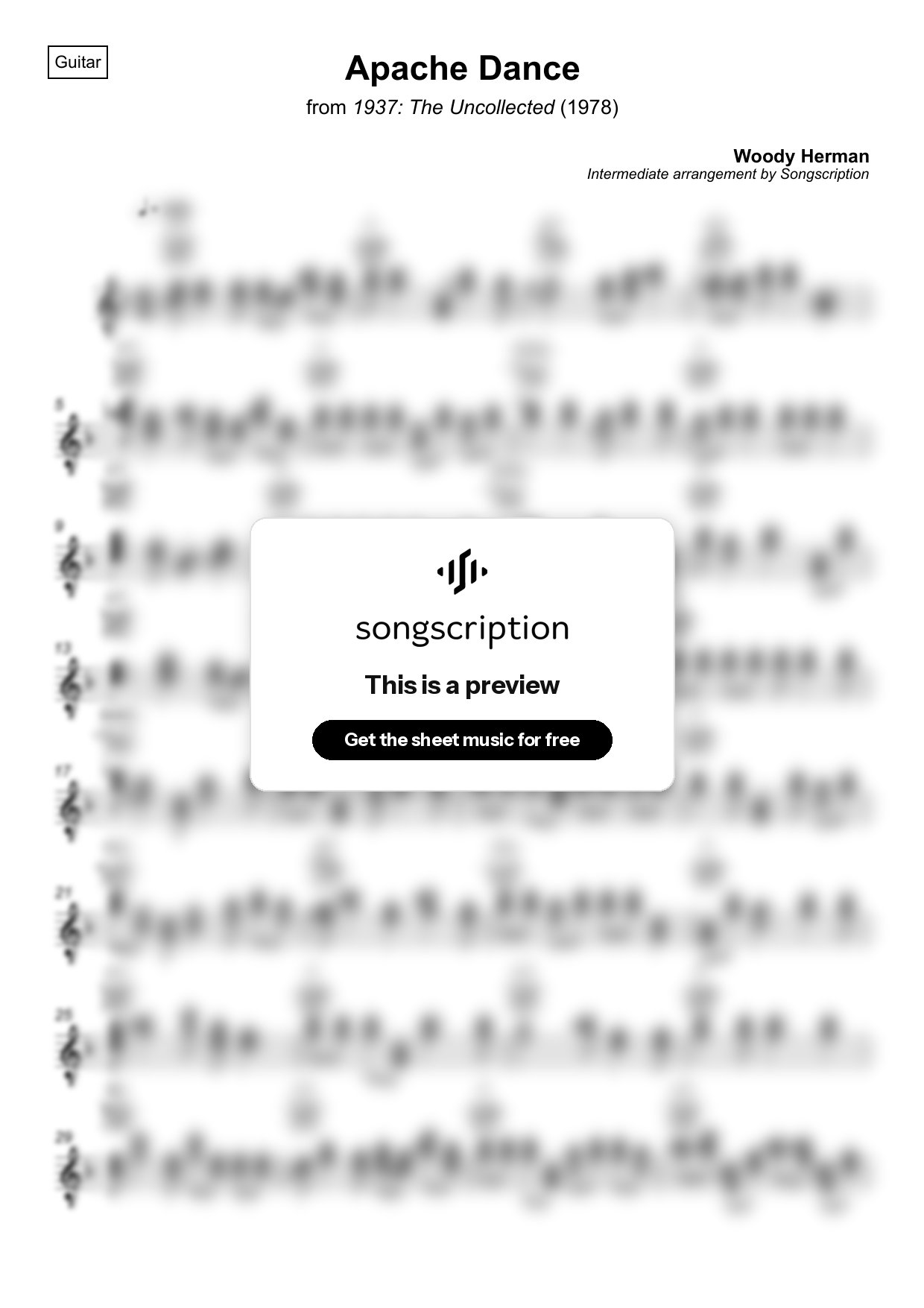 Intermediate Acoustic Guitar Sheet Music for "Apache Dance" by Woody Herman