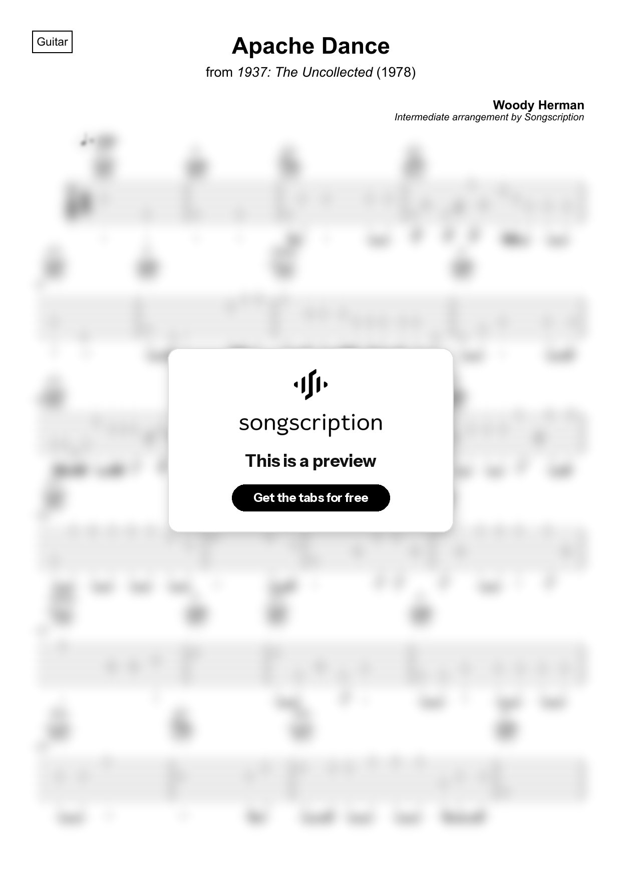 Intermediate Acoustic Guitar Tabs for "Apache Dance" by Woody Herman