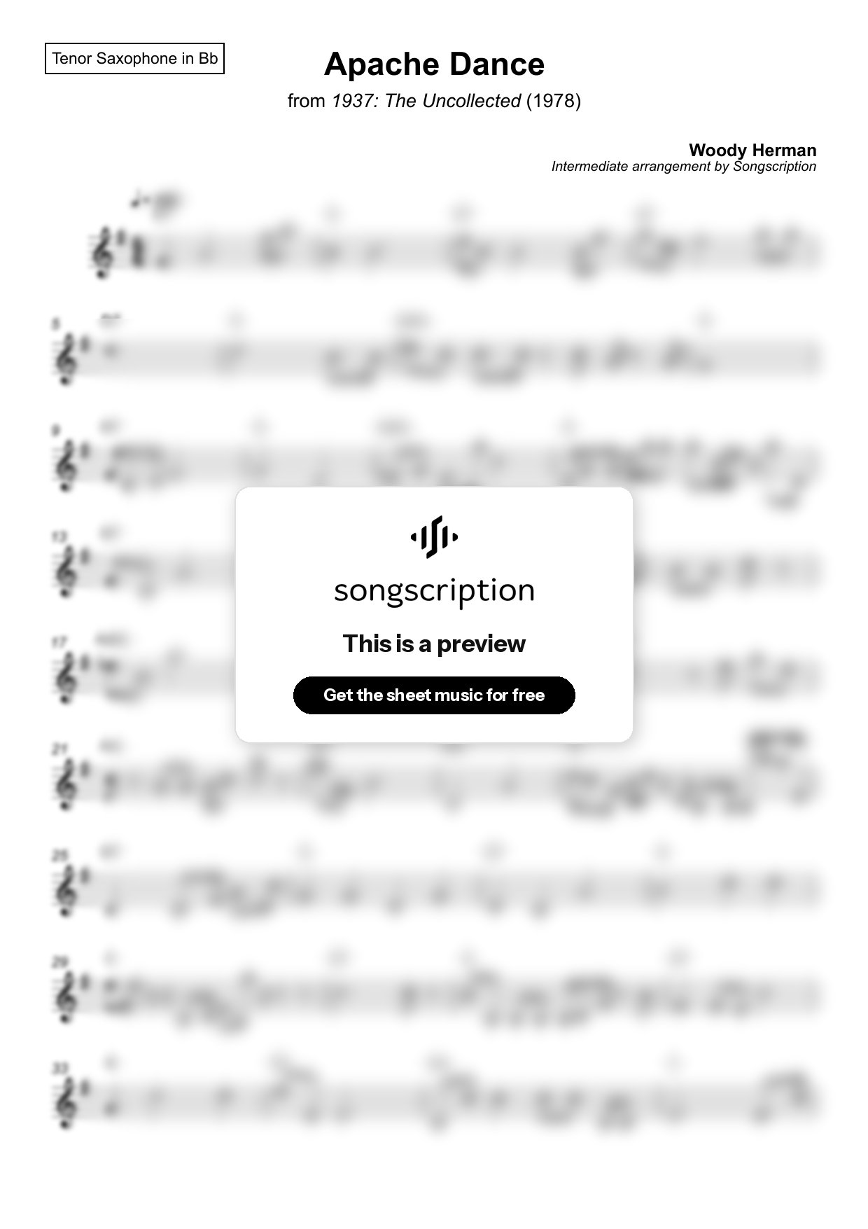 Intermediate Tenor Sax Sheet Music for "Apache Dance" by Woody Herman