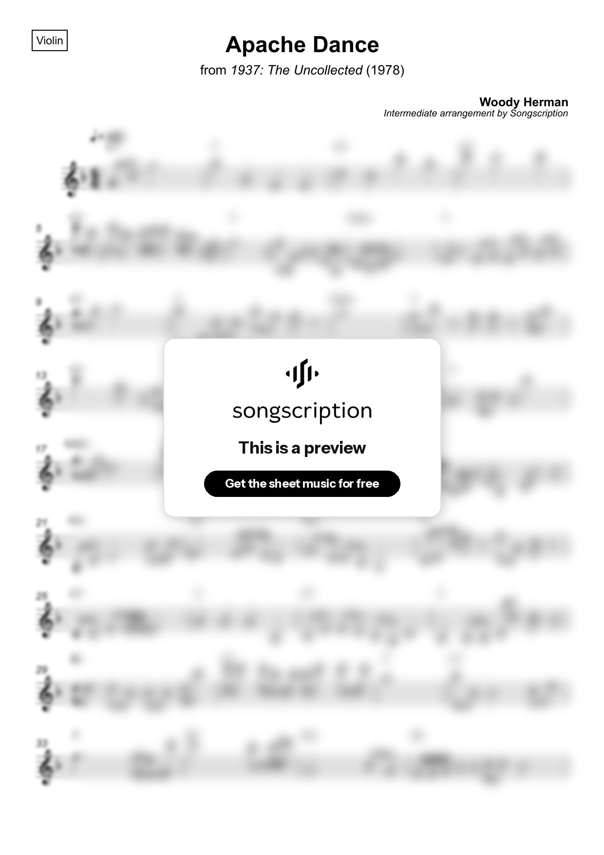 Intermediate Violin Sheet Music for "Apache Dance" by Woody Herman