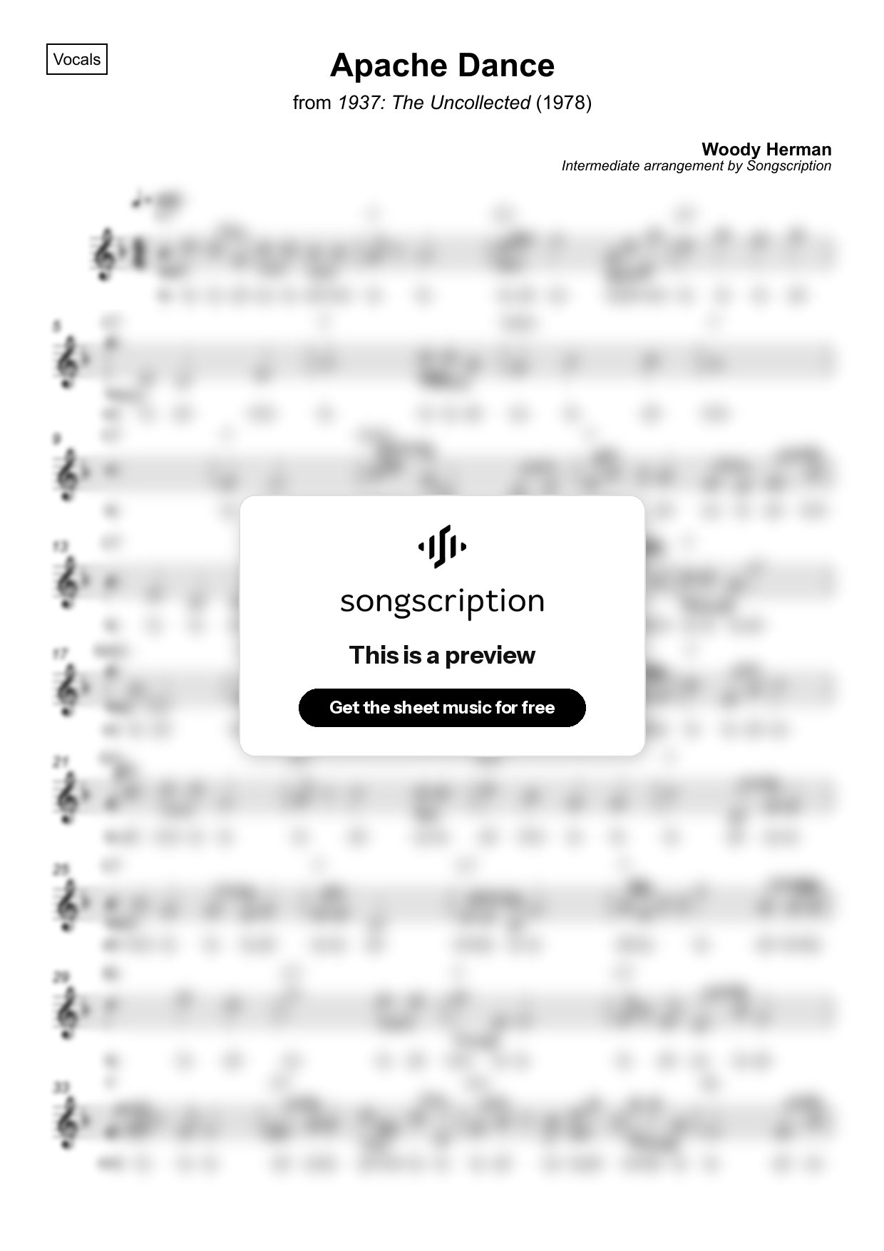 Intermediate Vocals Sheet Music for "Apache Dance" by Woody Herman