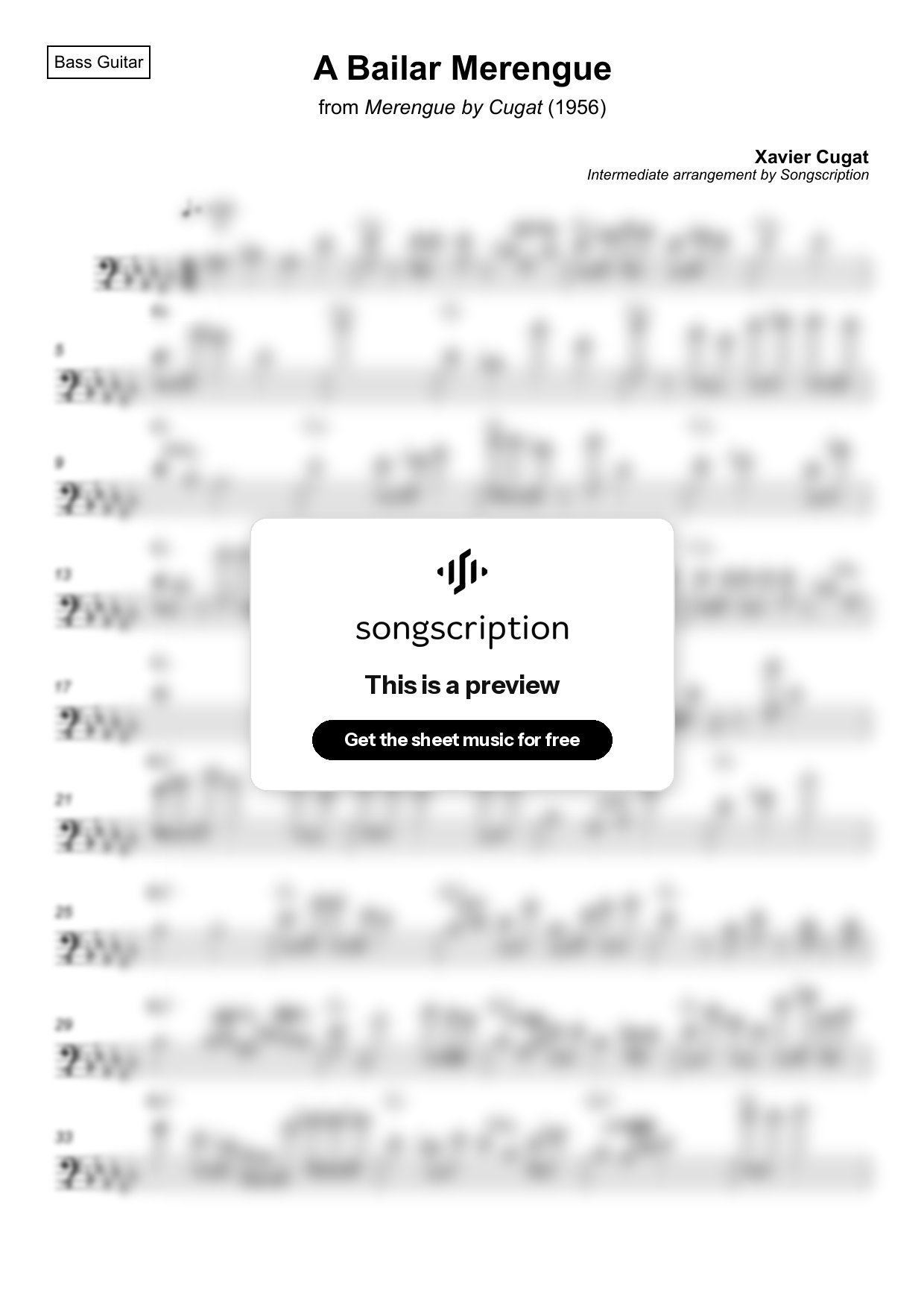 Intermediate Bass Guitar Sheet Music for "A Bailar Merengue" by Xavier Cugat