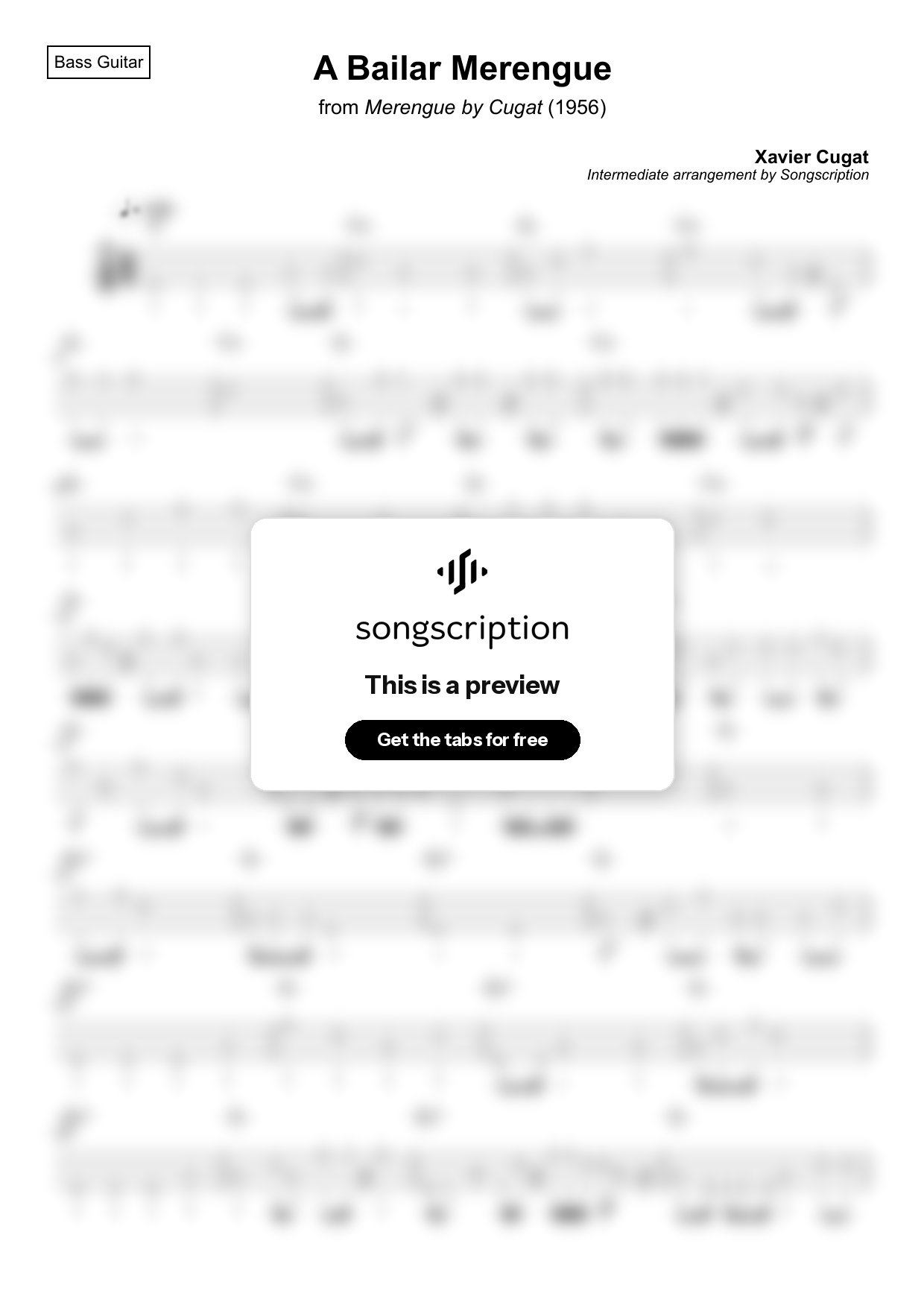 Intermediate Bass Guitar Tabs for "A Bailar Merengue" by Xavier Cugat