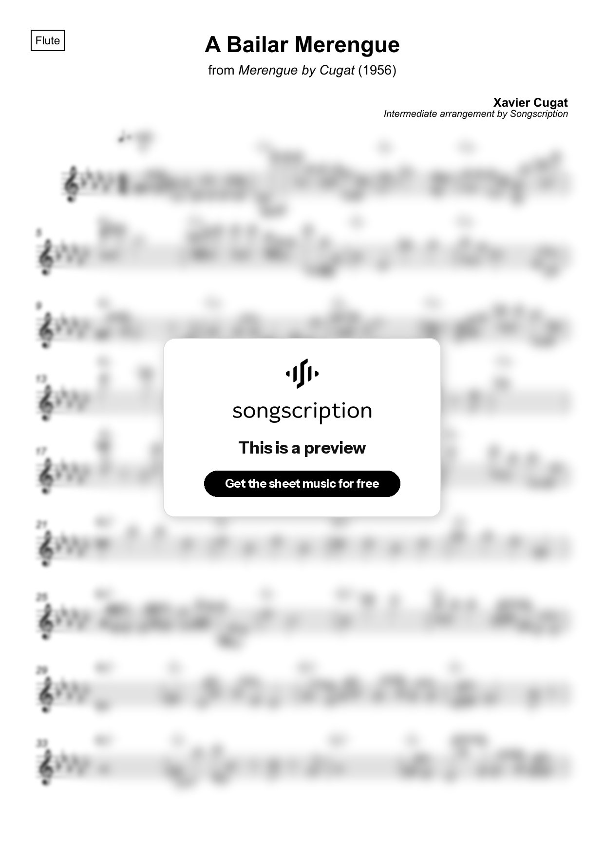 Intermediate Flute Sheet Music for "A Bailar Merengue" by Xavier Cugat
