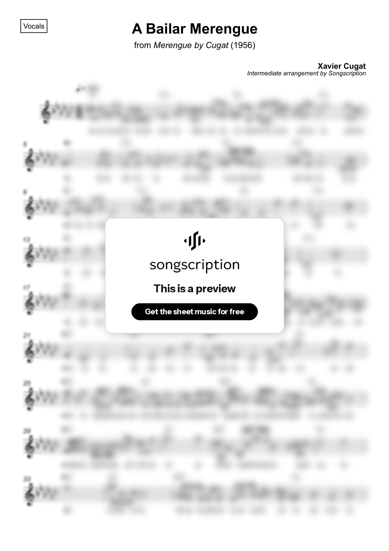 Intermediate Vocals Sheet Music for "A Bailar Merengue" by Xavier Cugat