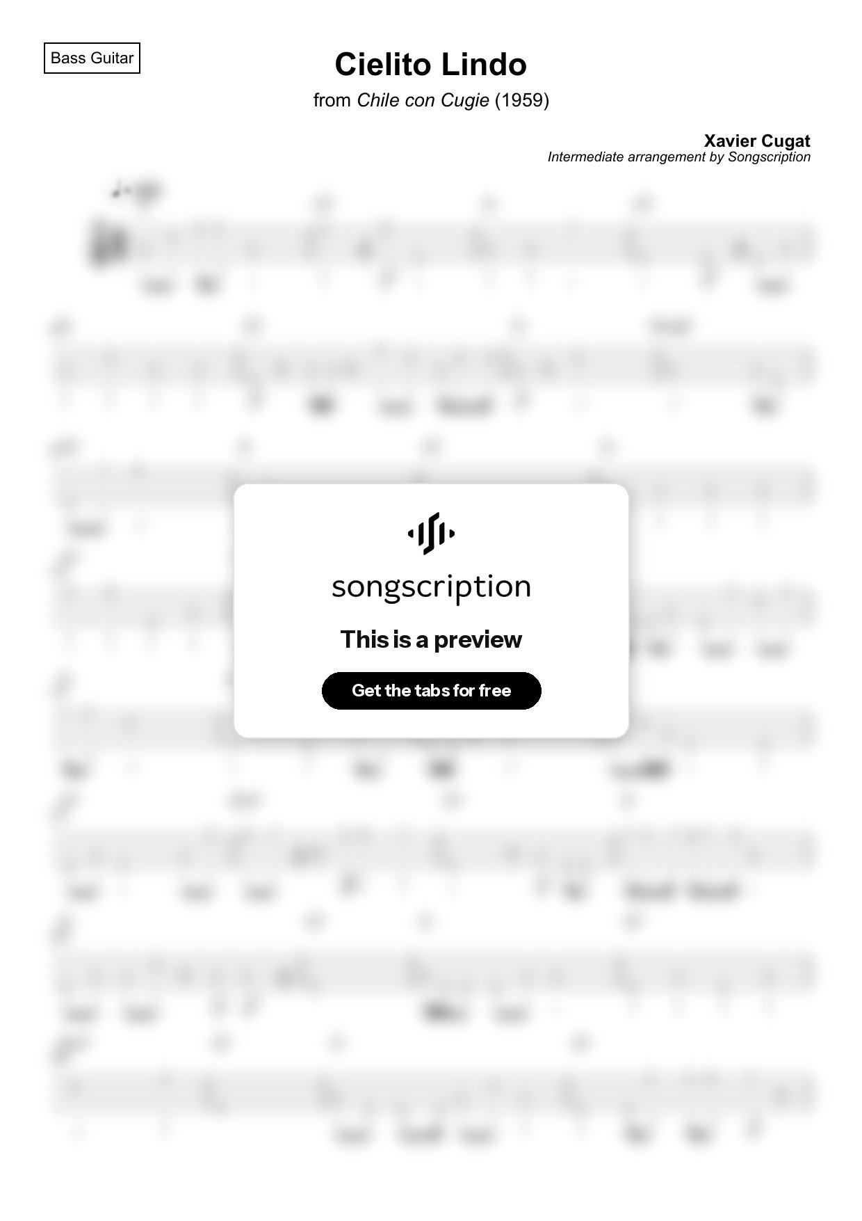 Intermediate Bass Guitar Tabs for "Cielito Lindo" by Xavier Cugat