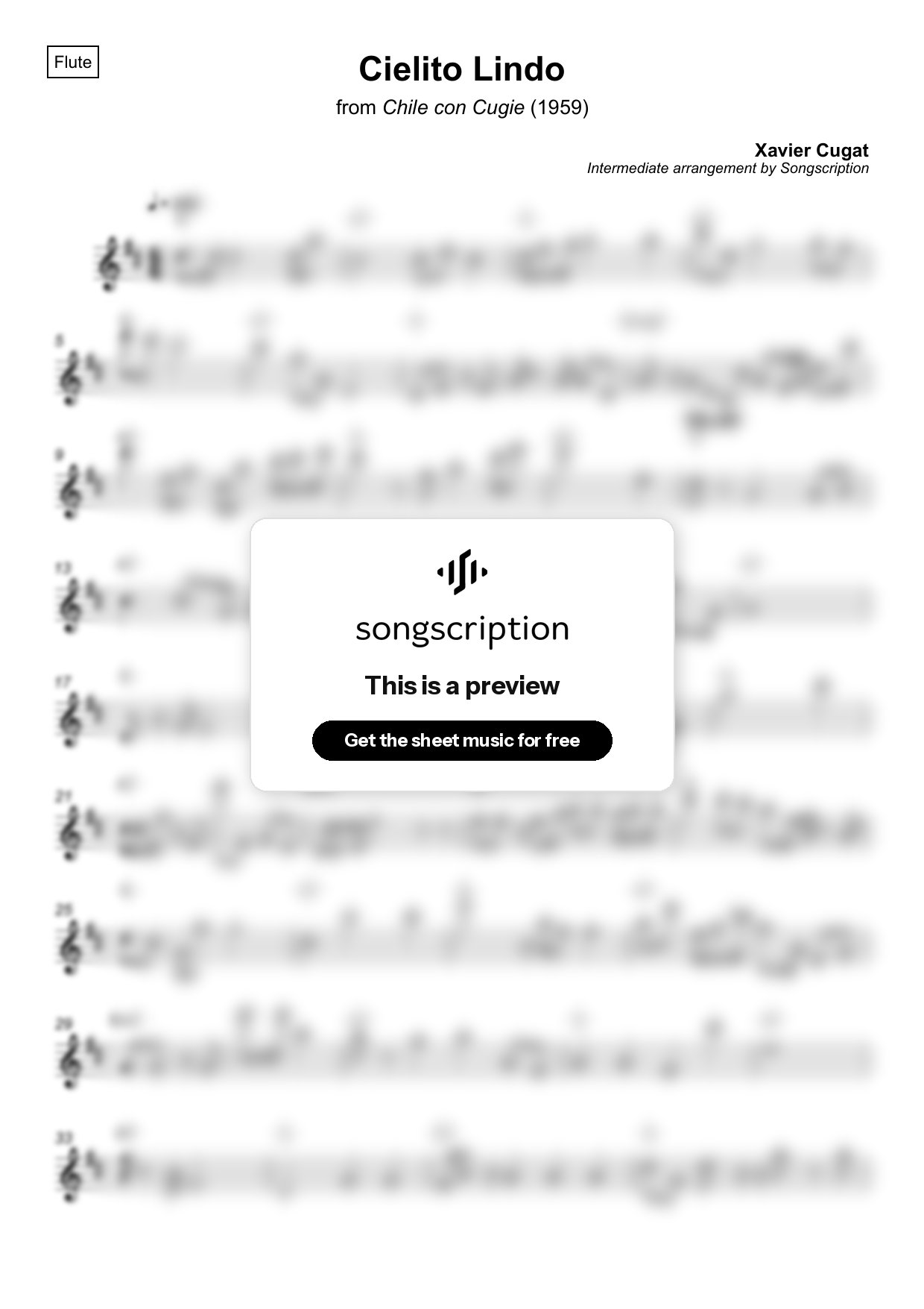Intermediate Flute Sheet Music for "Cielito Lindo" by Xavier Cugat