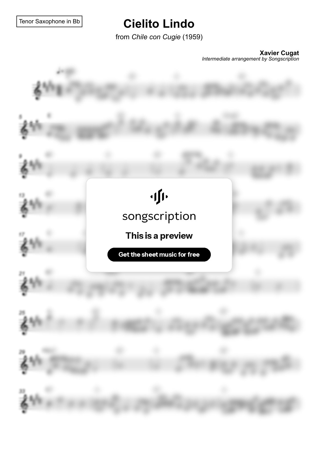 Intermediate Tenor Sax Sheet Music for "Cielito Lindo" by Xavier Cugat