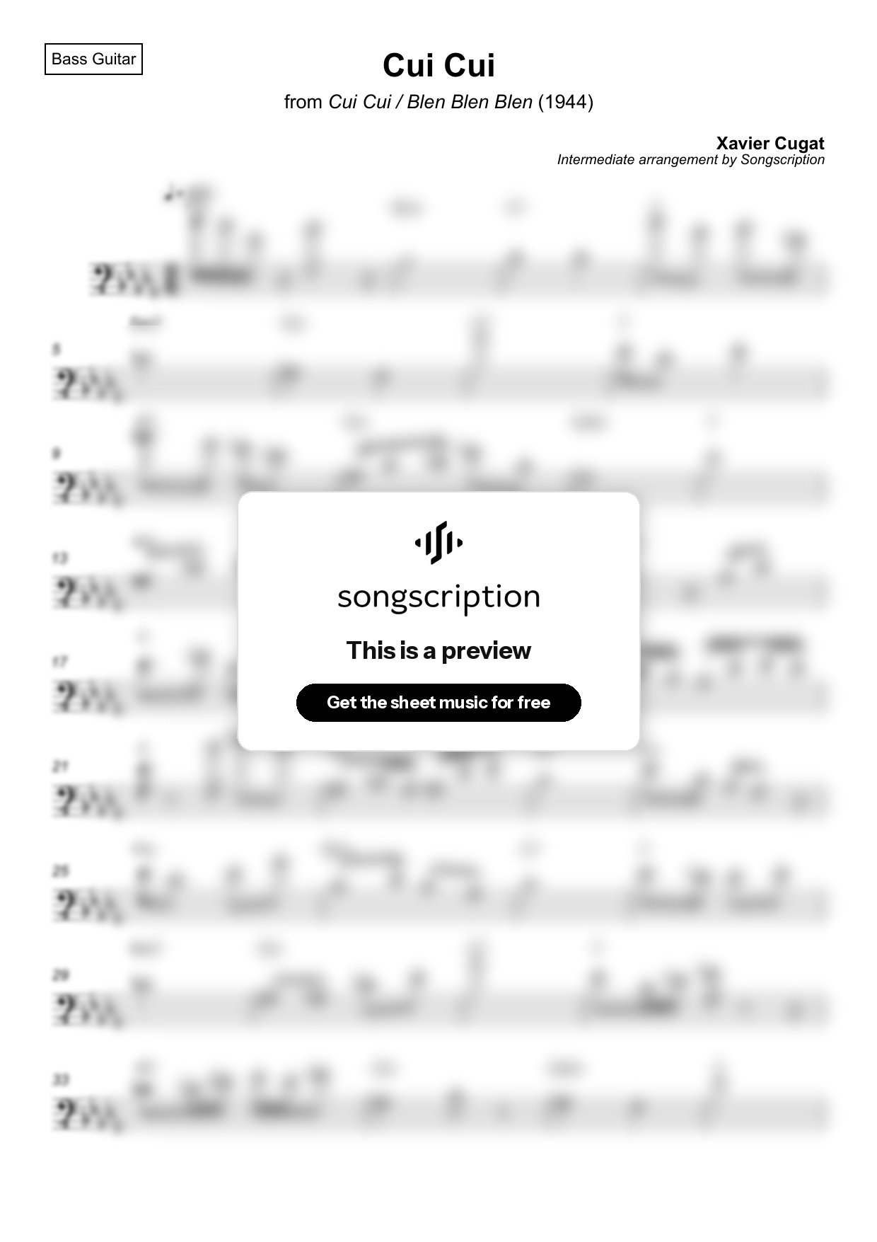 Intermediate Bass Guitar Sheet Music for "Cui Cui" by Xavier Cugat