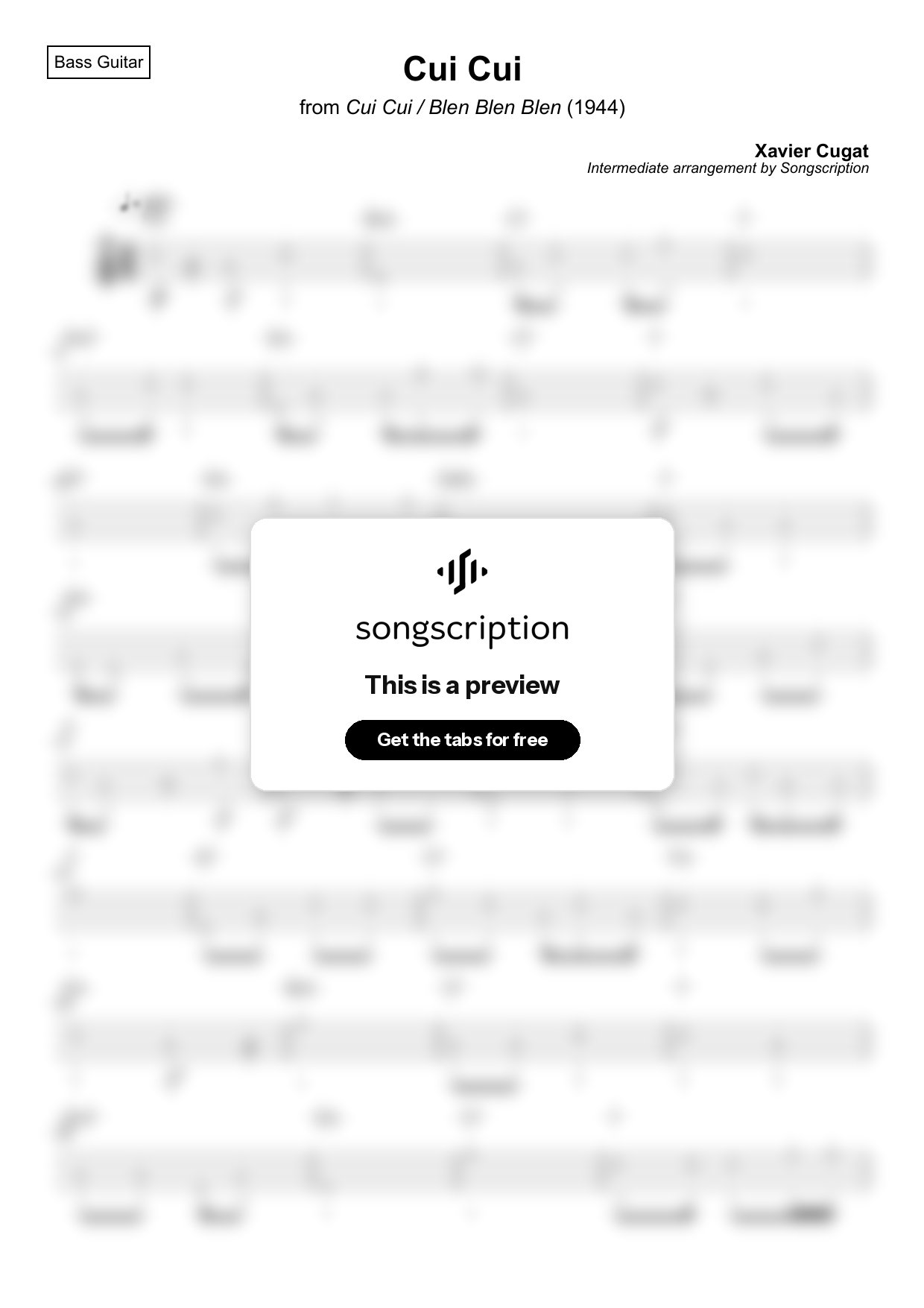 Intermediate Bass Guitar Tabs for "Cui Cui" by Xavier Cugat