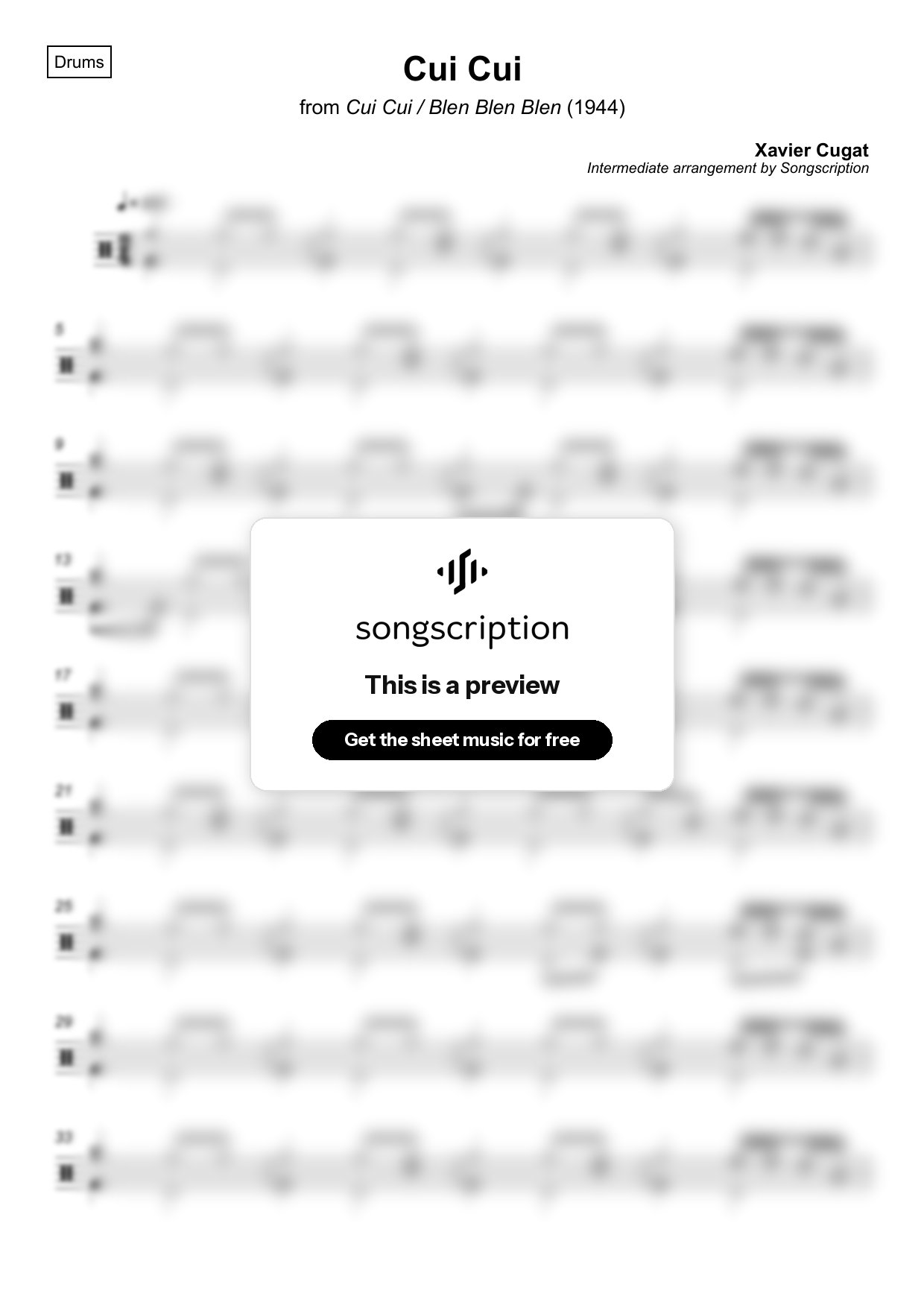 Intermediate Drums Sheet Music for "Cui Cui" by Xavier Cugat