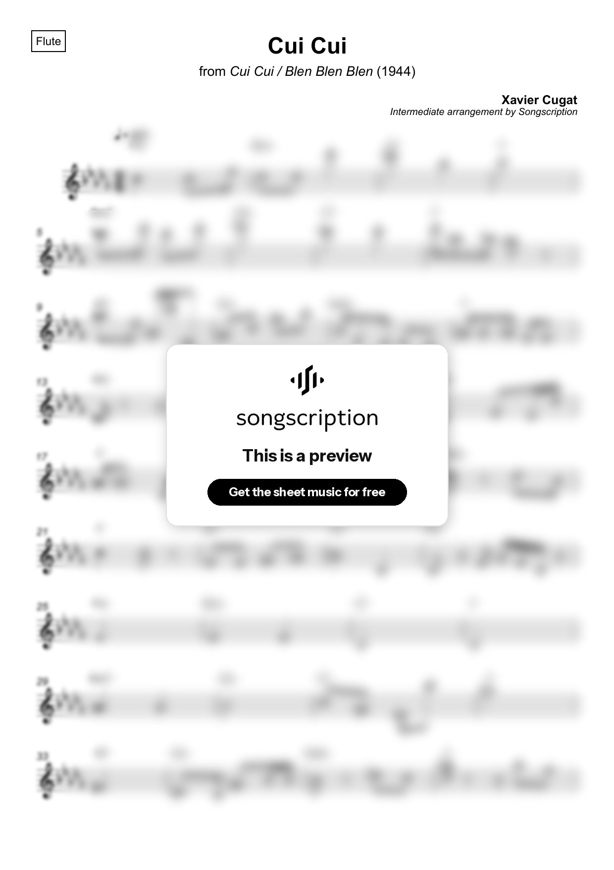 Intermediate Flute Sheet Music for "Cui Cui" by Xavier Cugat