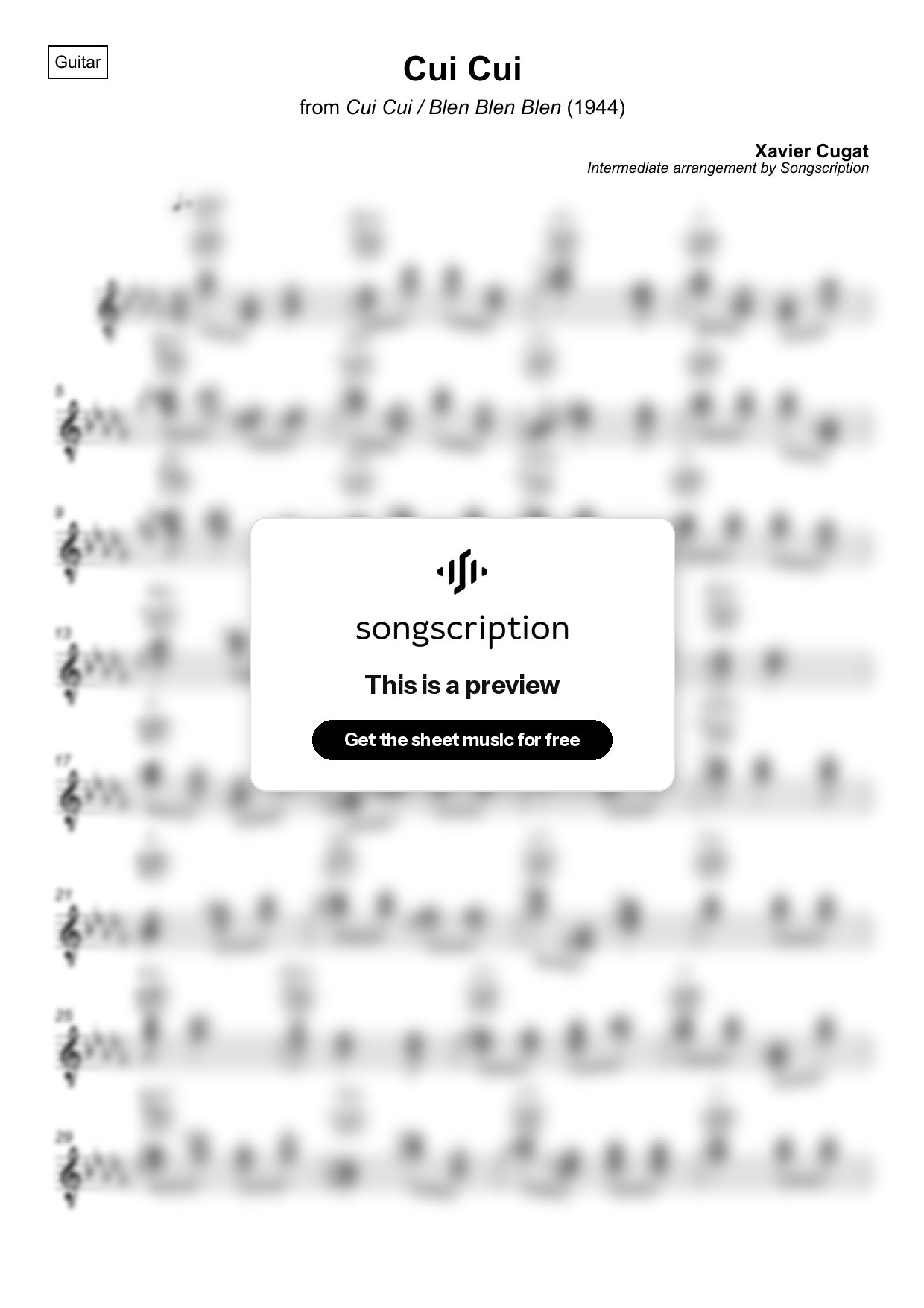 Intermediate Acoustic Guitar Sheet Music for "Cui Cui" by Xavier Cugat