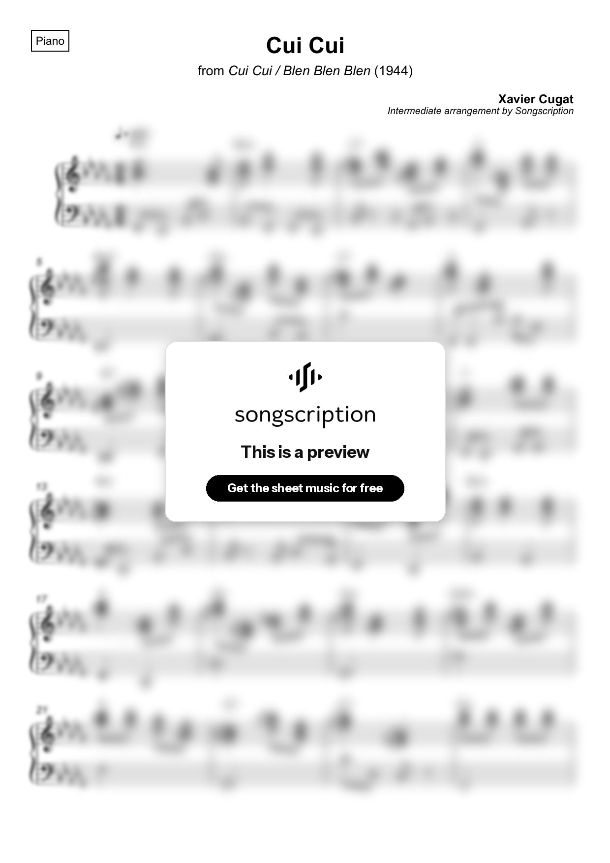 Intermediate Piano Sheet Music for "Cui Cui" by Xavier Cugat