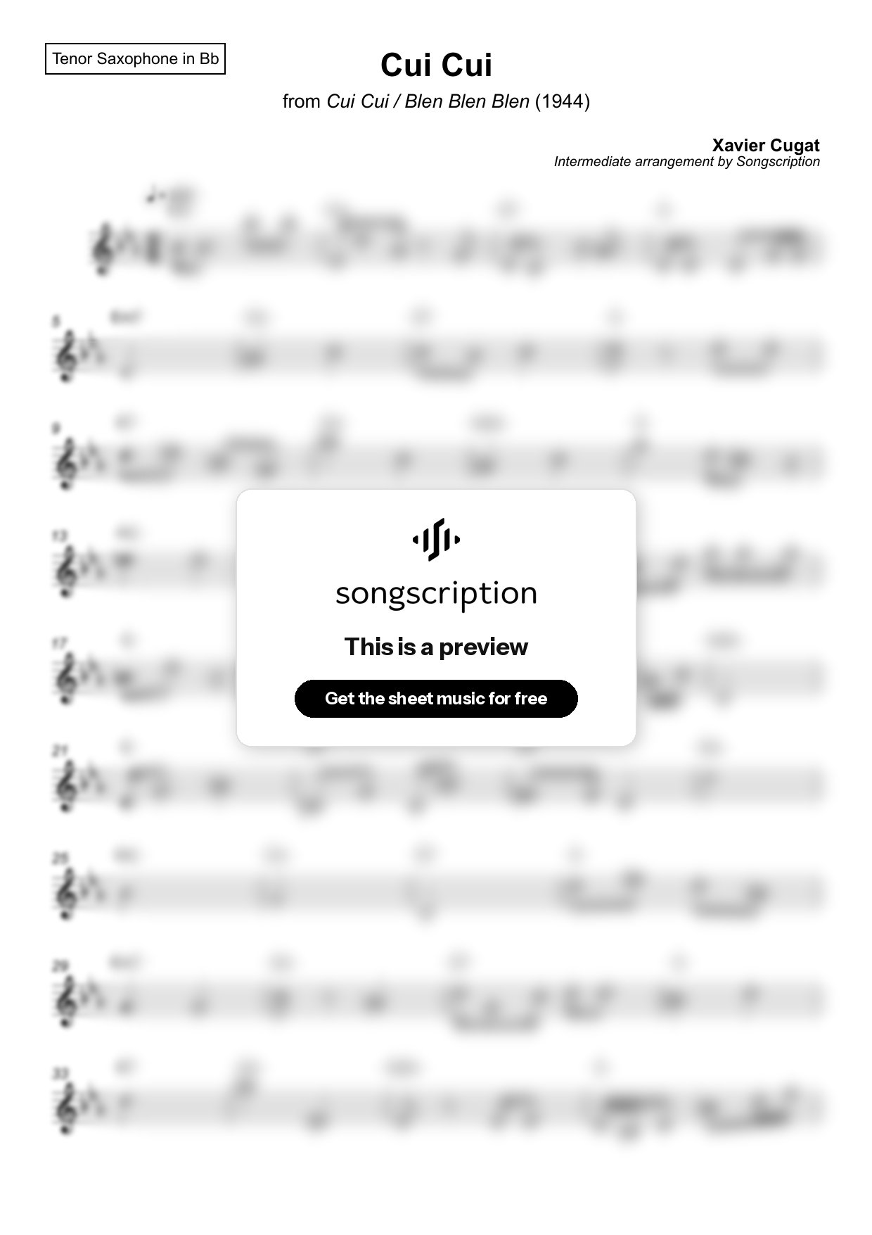 Intermediate Tenor Sax Sheet Music for "Cui Cui" by Xavier Cugat