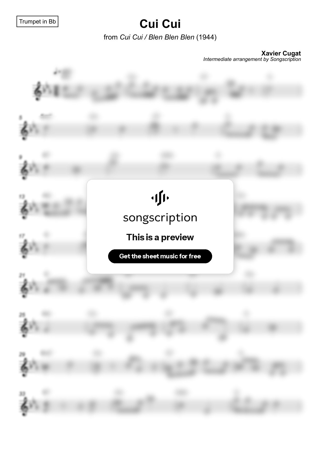 Intermediate Trumpet Sheet Music for "Cui Cui" by Xavier Cugat