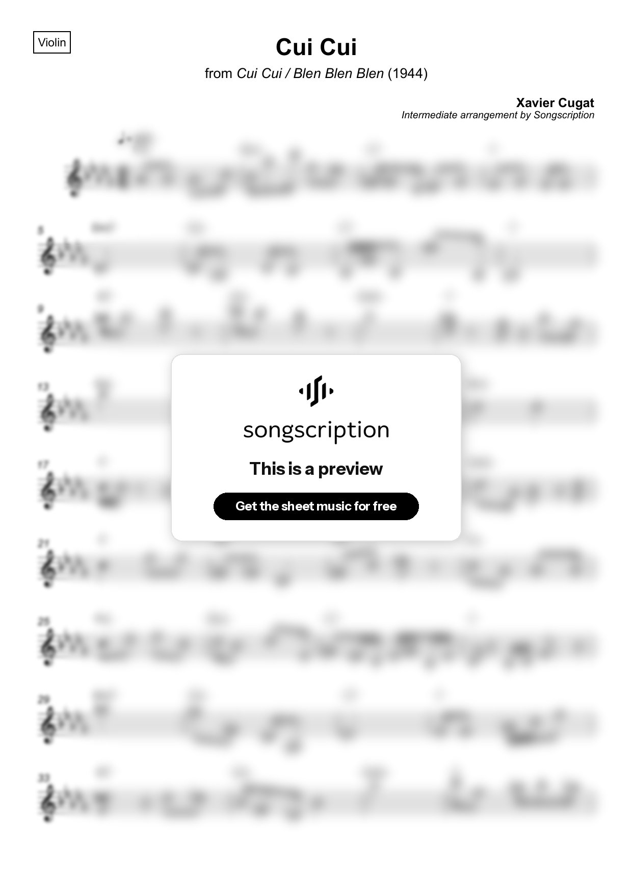 Intermediate Violin Sheet Music for "Cui Cui" by Xavier Cugat