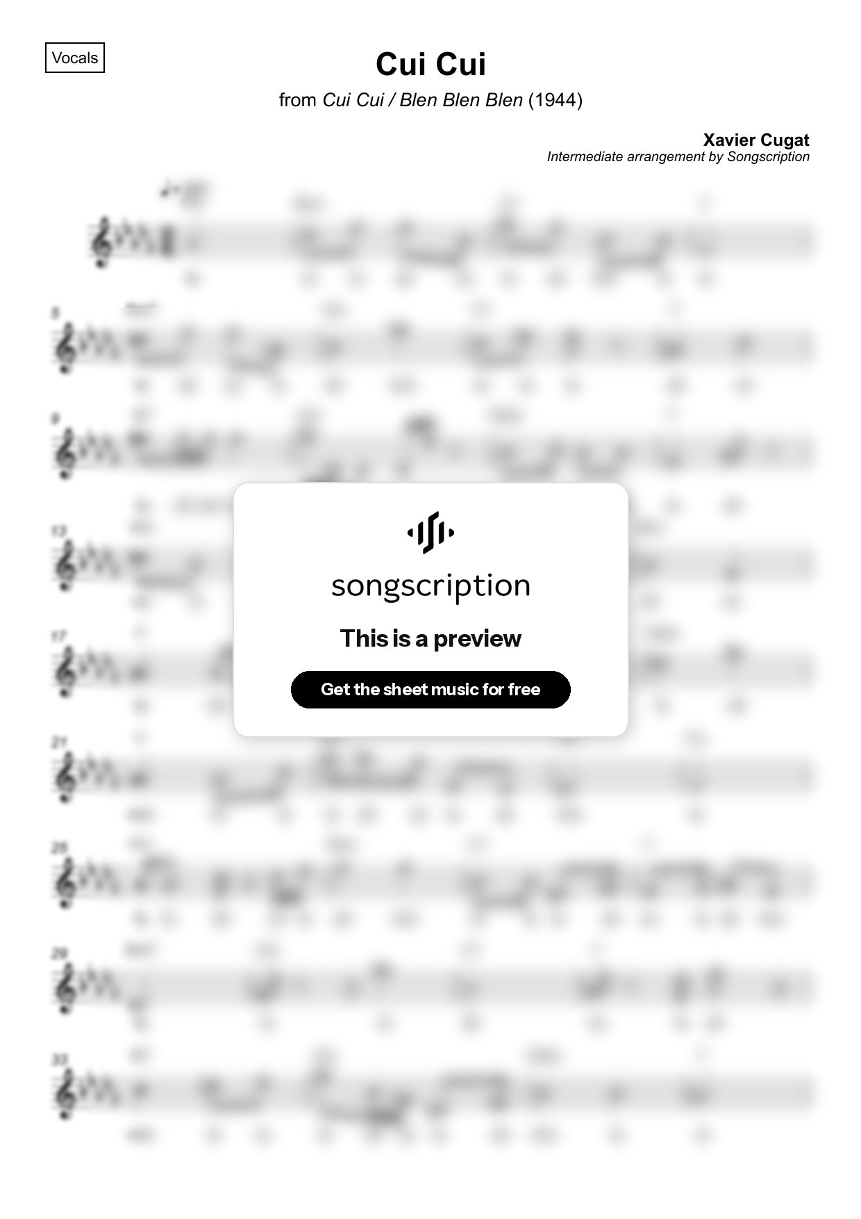Intermediate Vocals Sheet Music for "Cui Cui" by Xavier Cugat