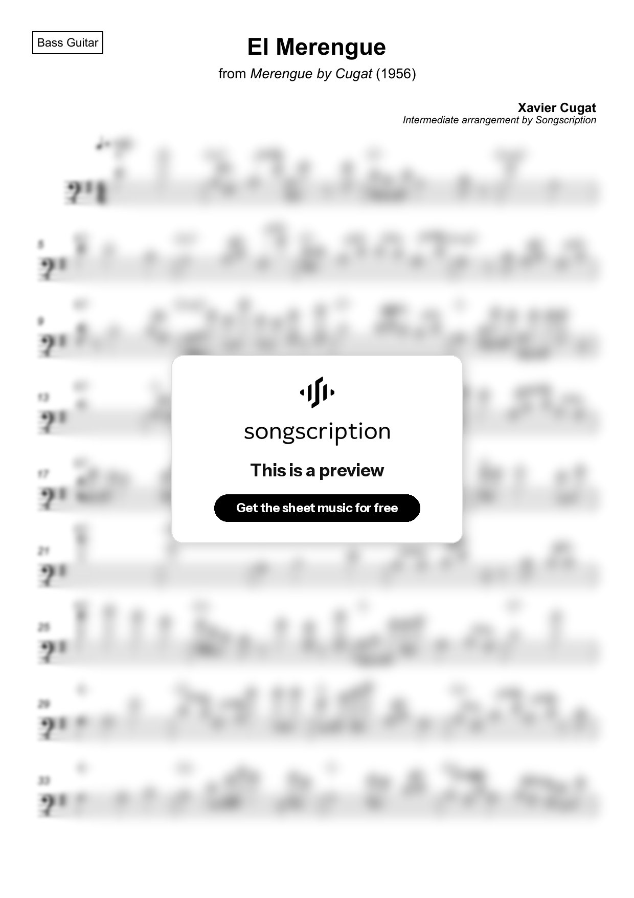 Intermediate Bass Guitar Sheet Music for "El Merengue" by Xavier Cugat
