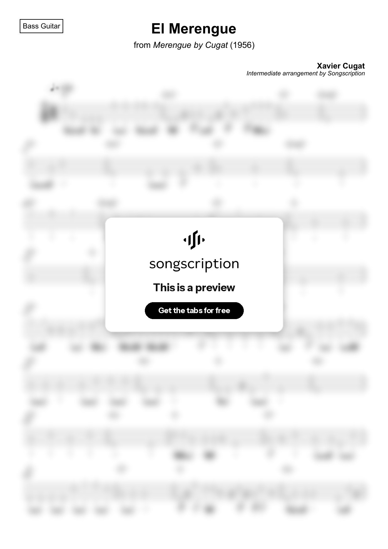 Intermediate Bass Guitar Tabs for "El Merengue" by Xavier Cugat