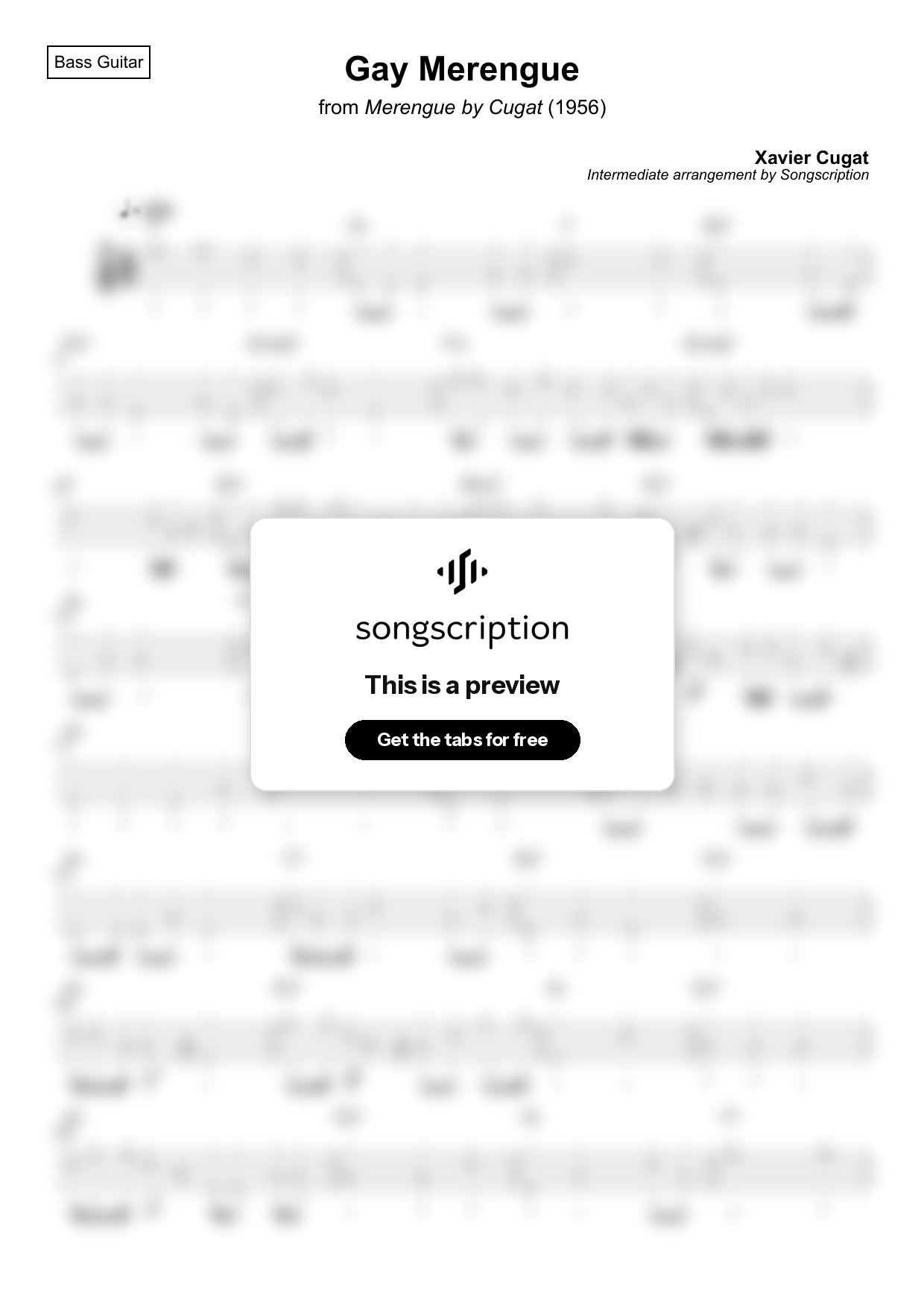 Intermediate Bass Guitar Tabs for "Gay Merengue" by Xavier Cugat