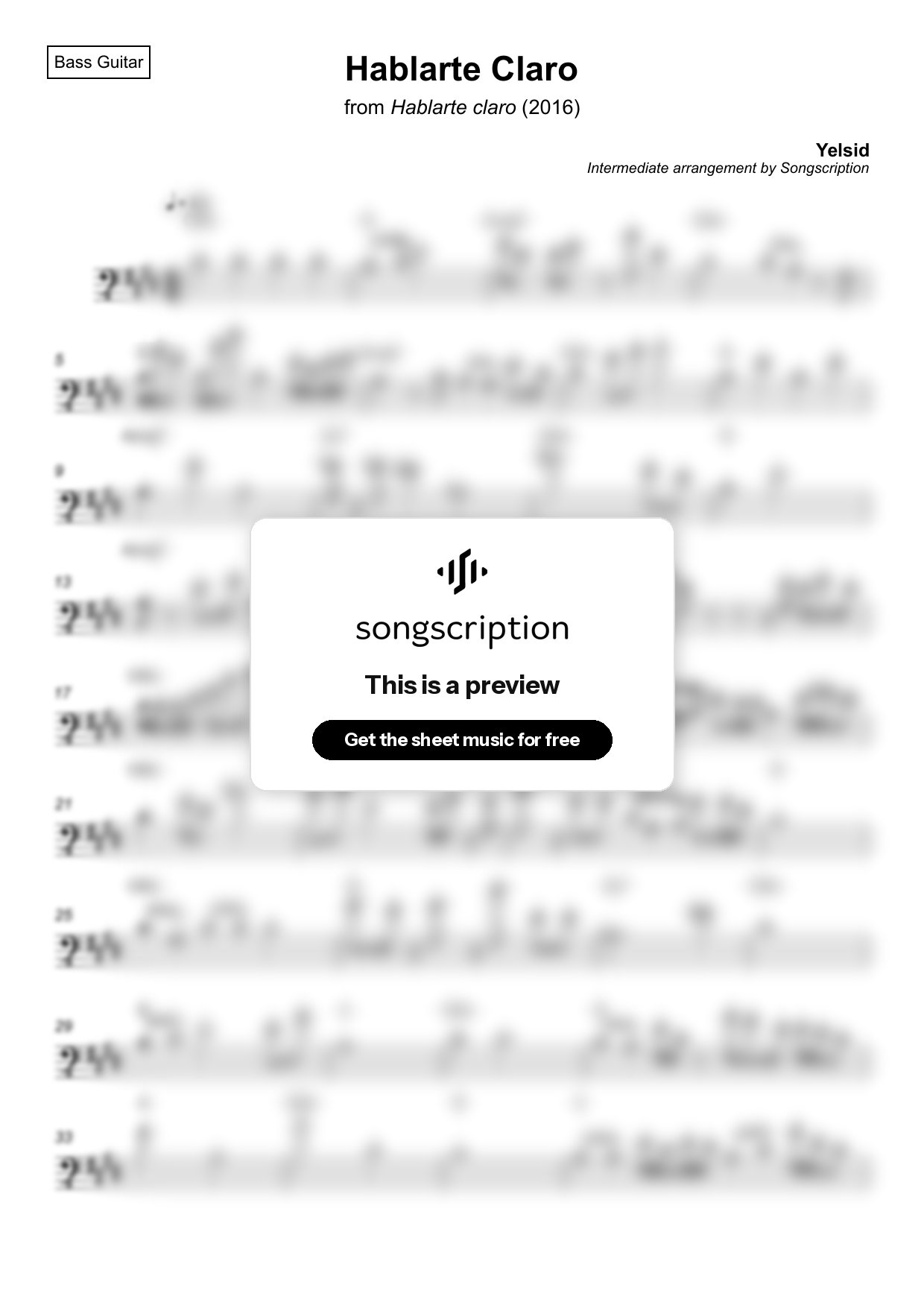 Intermediate Bass Guitar Sheet Music for "Hablarte Claro" by Yelsid