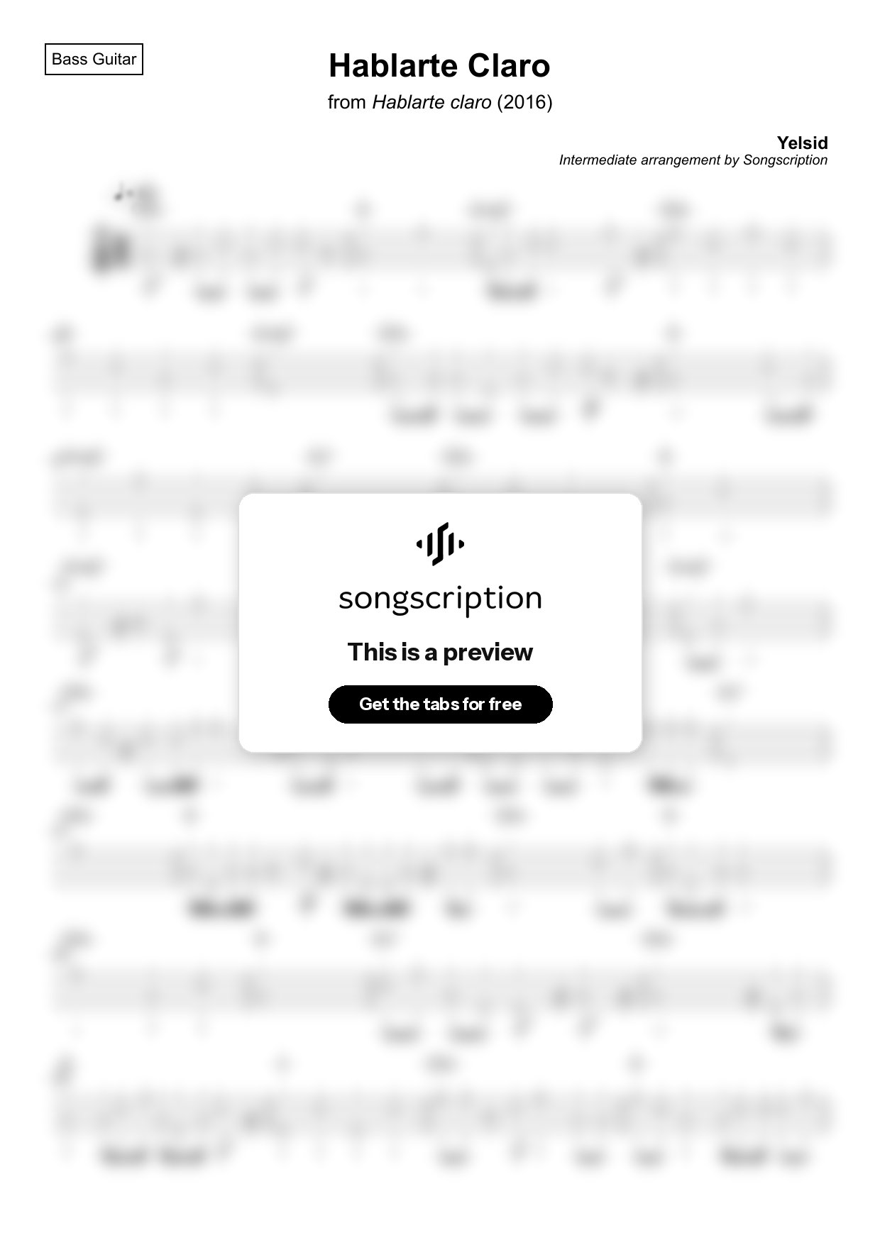 Intermediate Bass Guitar Tabs for "Hablarte Claro" by Yelsid
