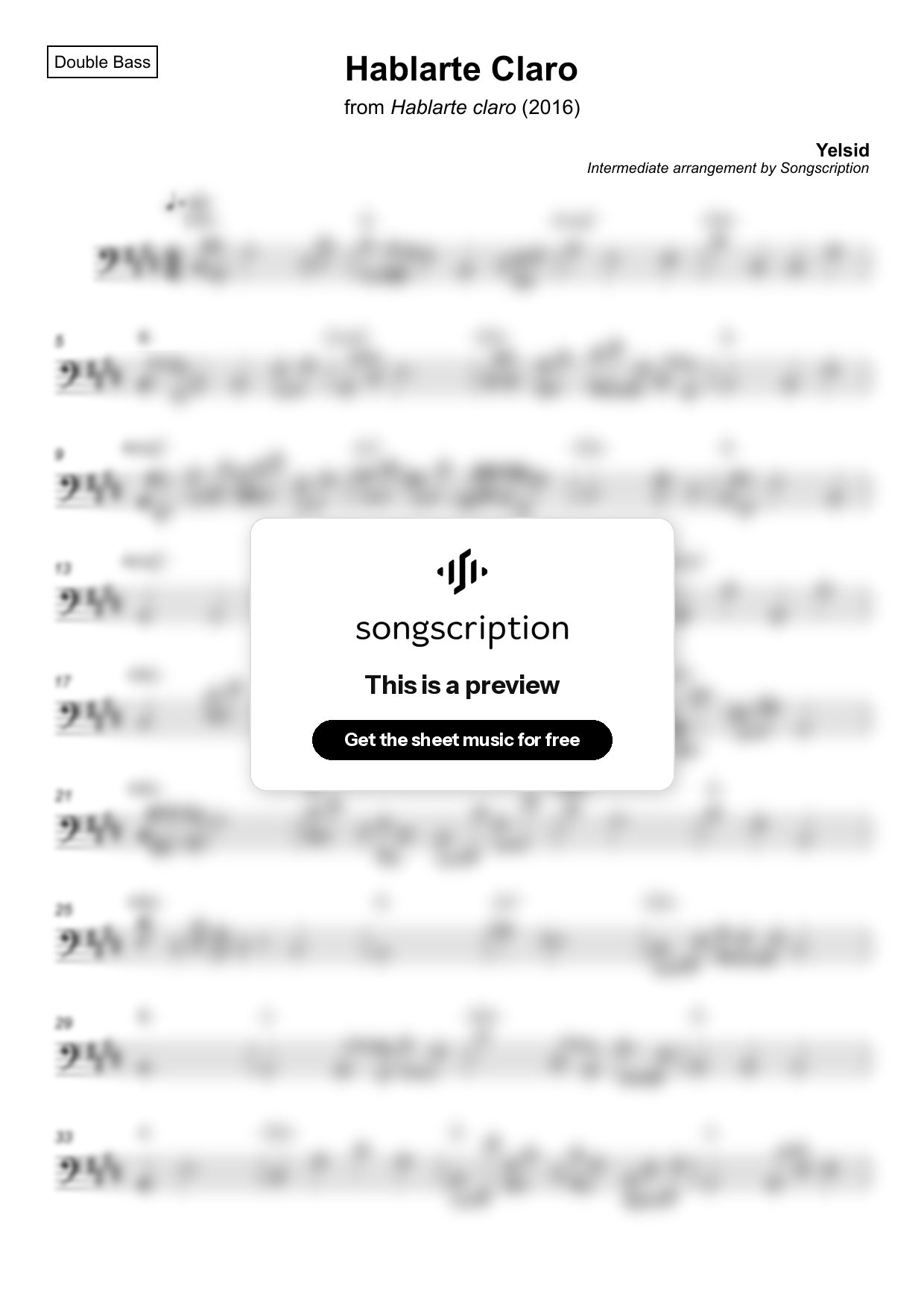 Intermediate Double Bass Sheet Music for "Hablarte Claro" by Yelsid