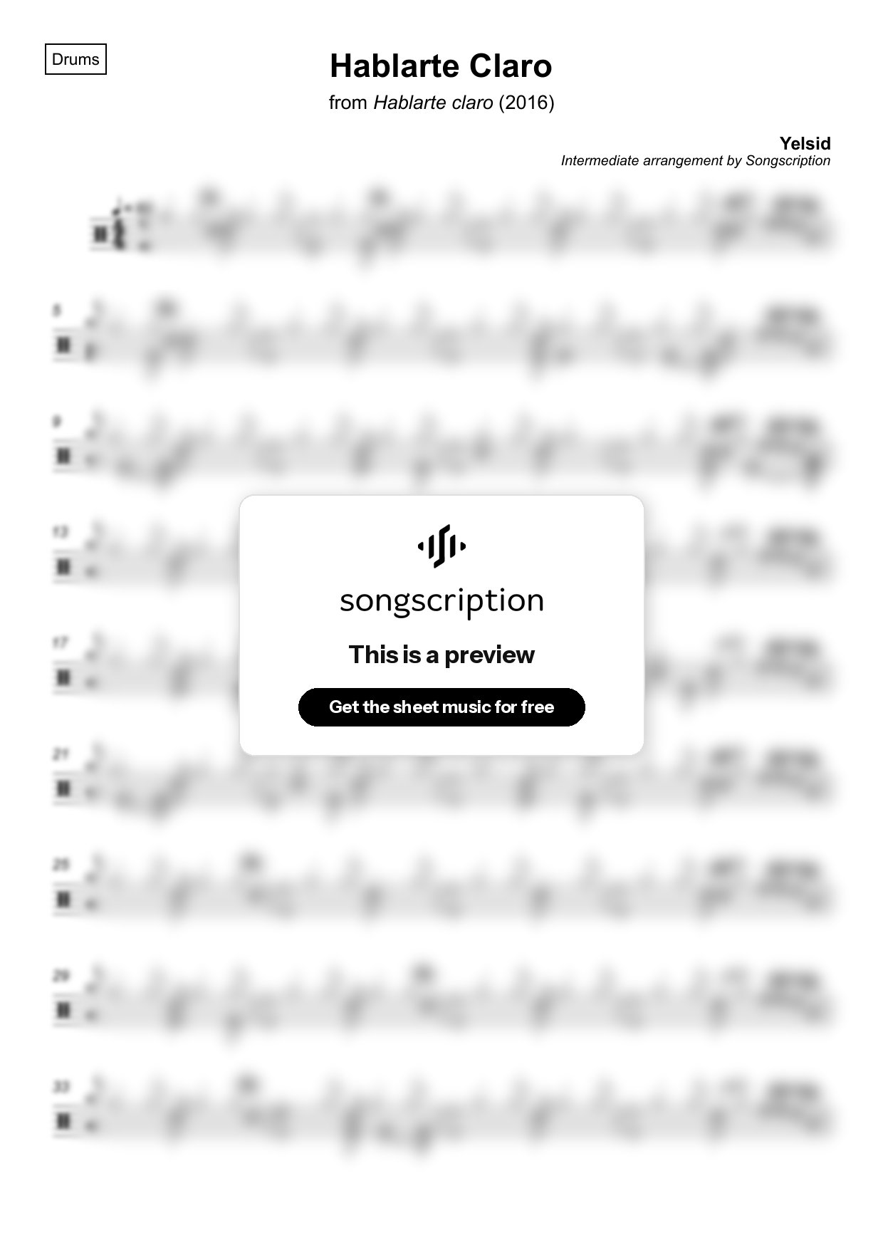 Intermediate Drums Sheet Music for "Hablarte Claro" by Yelsid