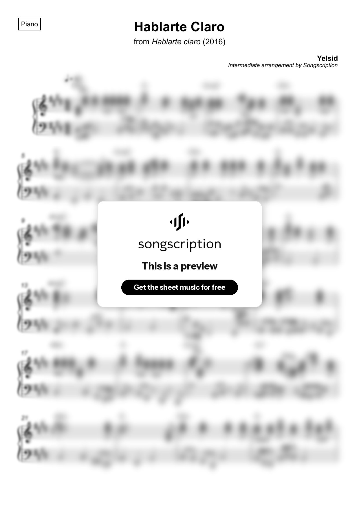 Intermediate Piano Sheet Music for "Hablarte Claro" by Yelsid