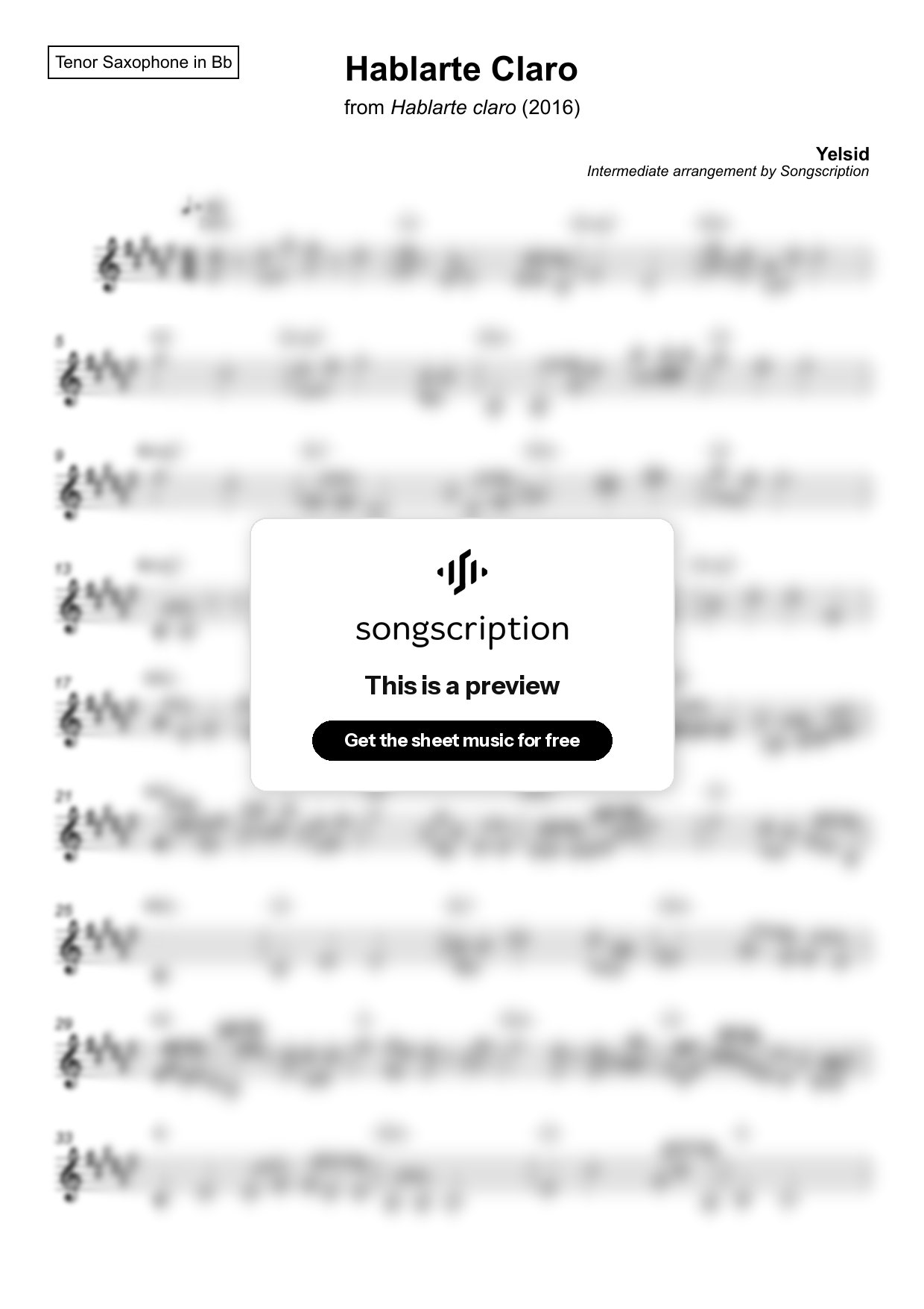 Intermediate Tenor Sax Sheet Music for "Hablarte Claro" by Yelsid
