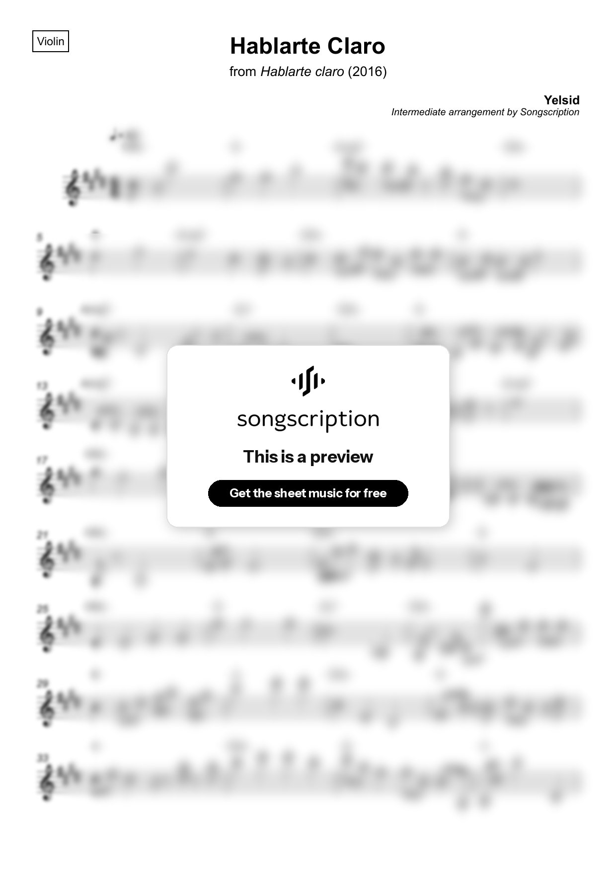 Intermediate Violin Sheet Music for "Hablarte Claro" by Yelsid