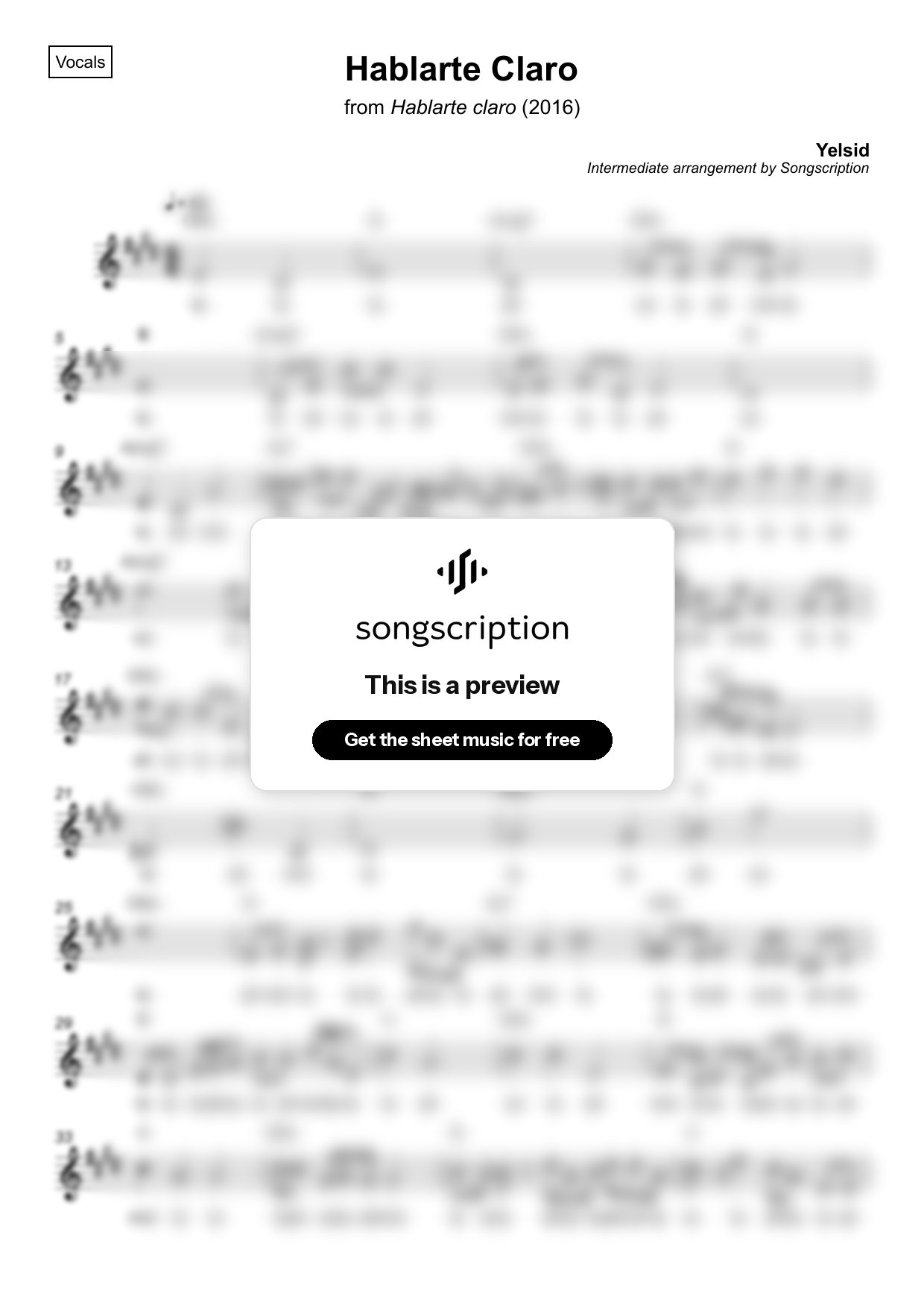 Intermediate Vocals Sheet Music for "Hablarte Claro" by Yelsid