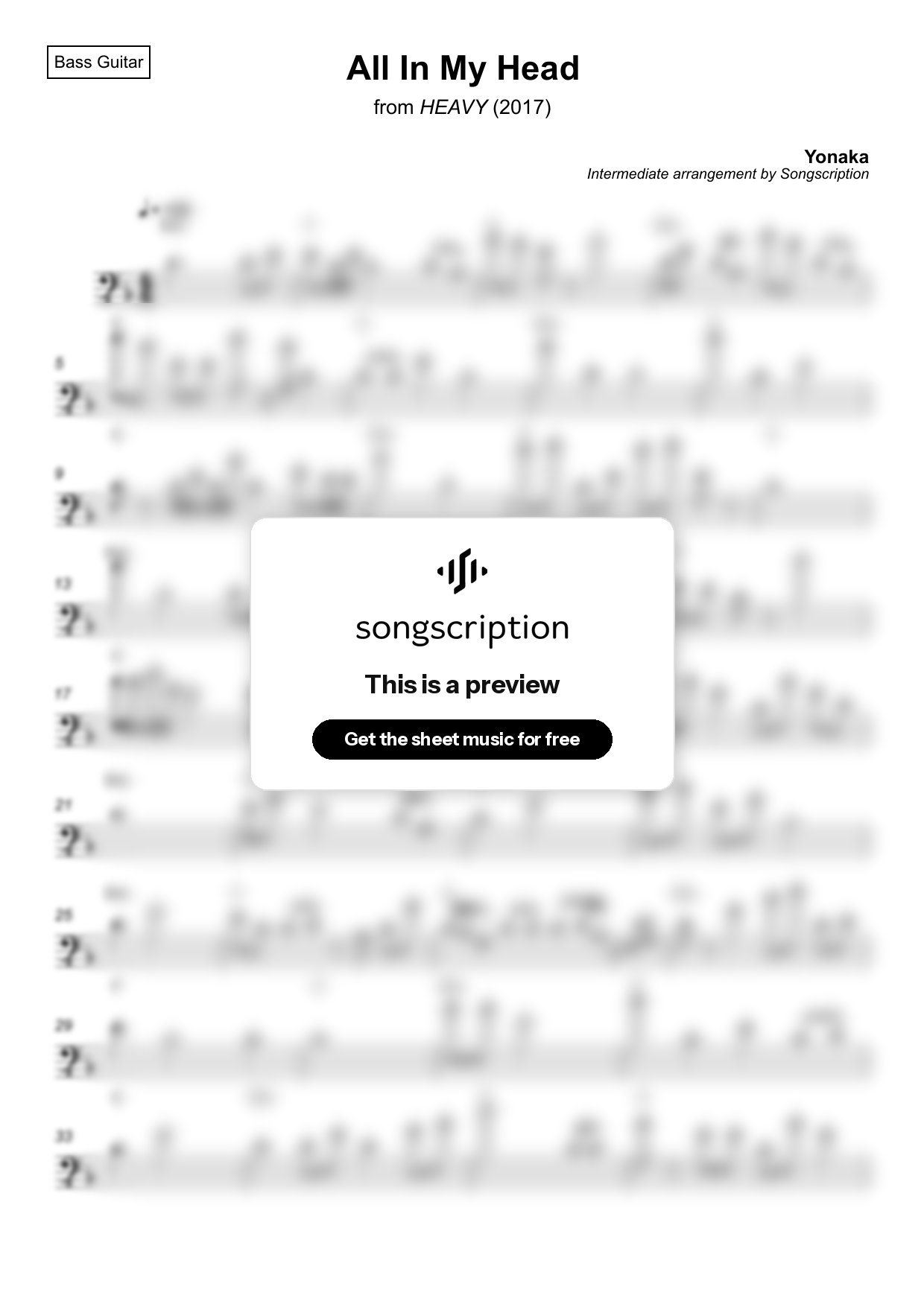 Intermediate Bass Guitar Sheet Music for "All In My Head" by Yonaka