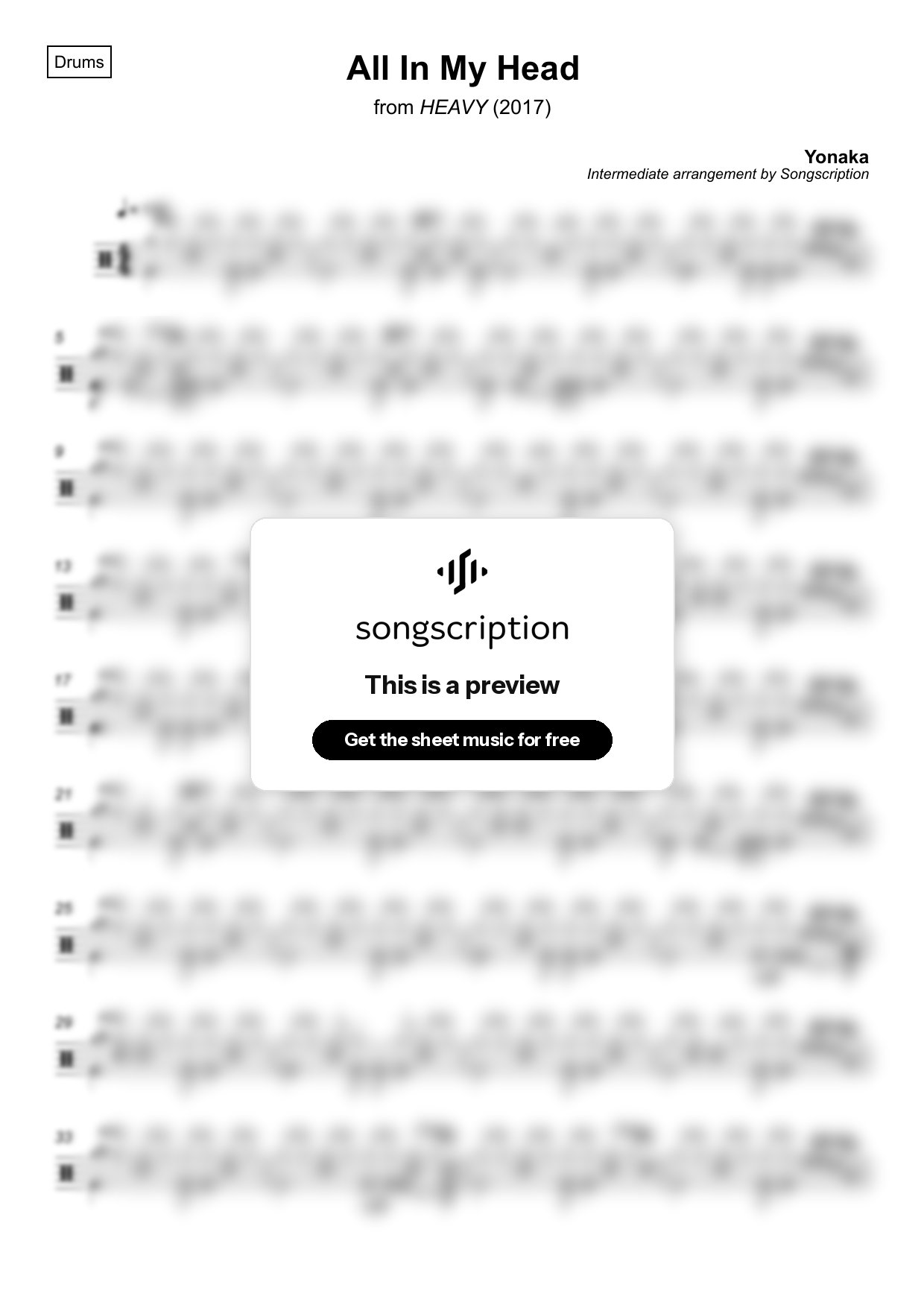 Intermediate Drums Sheet Music for "All In My Head" by Yonaka