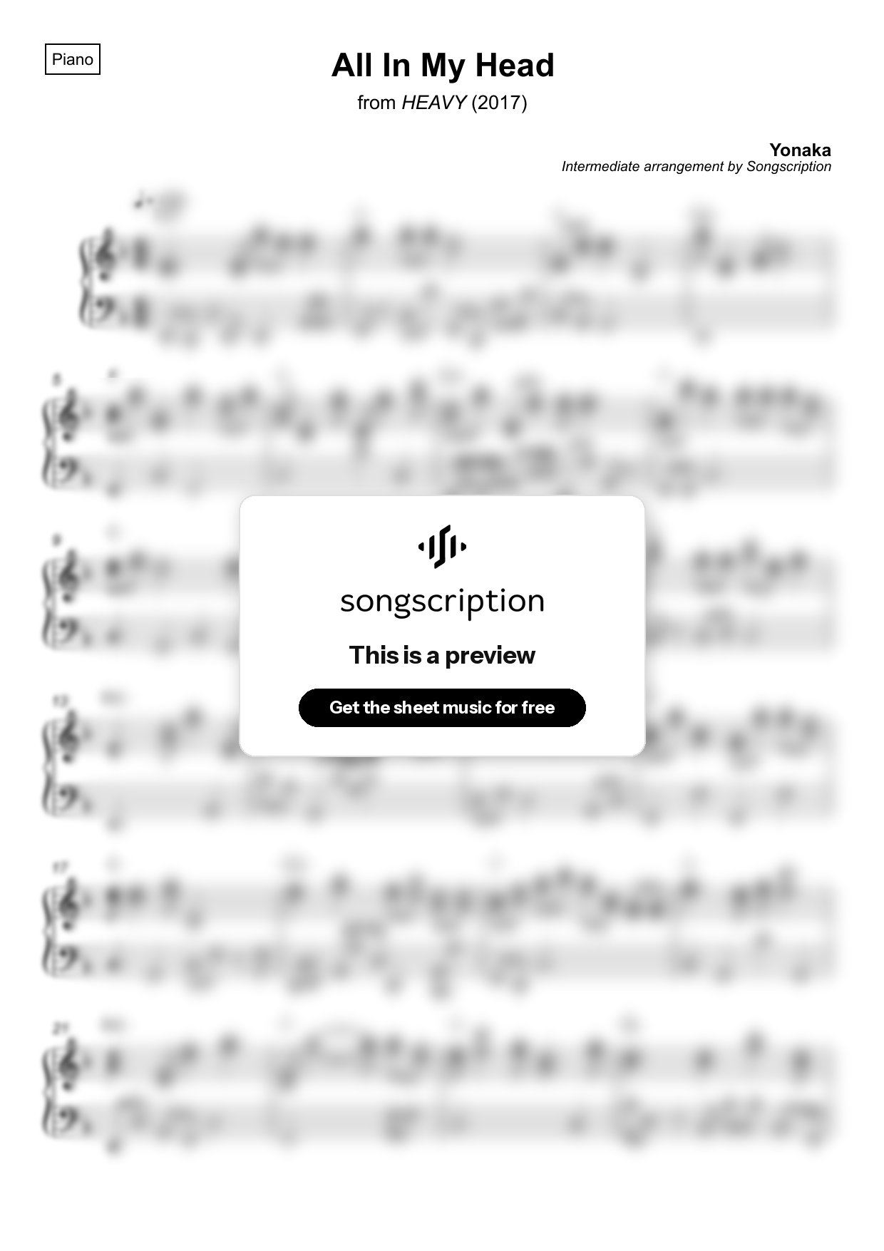 Intermediate Piano Sheet Music for "All In My Head" by Yonaka