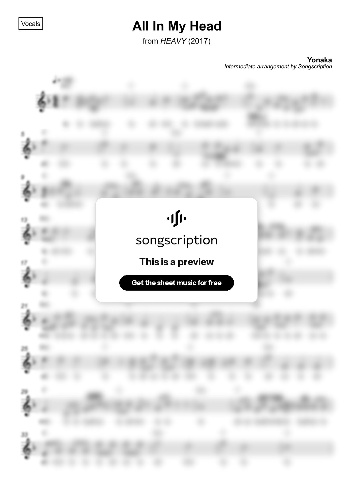 Intermediate Vocals Sheet Music for "All In My Head" by Yonaka