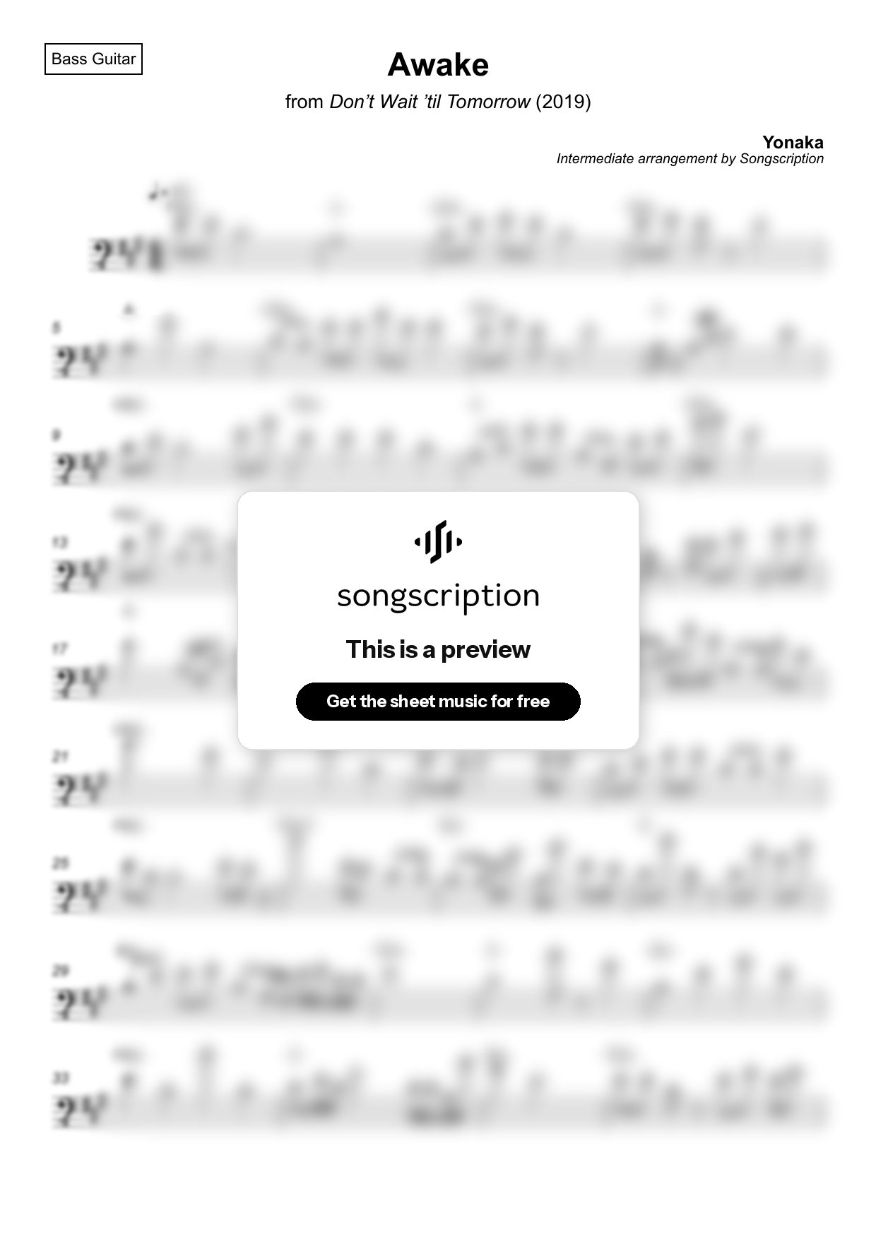 Intermediate Bass Guitar Sheet Music for "Awake" by Yonaka